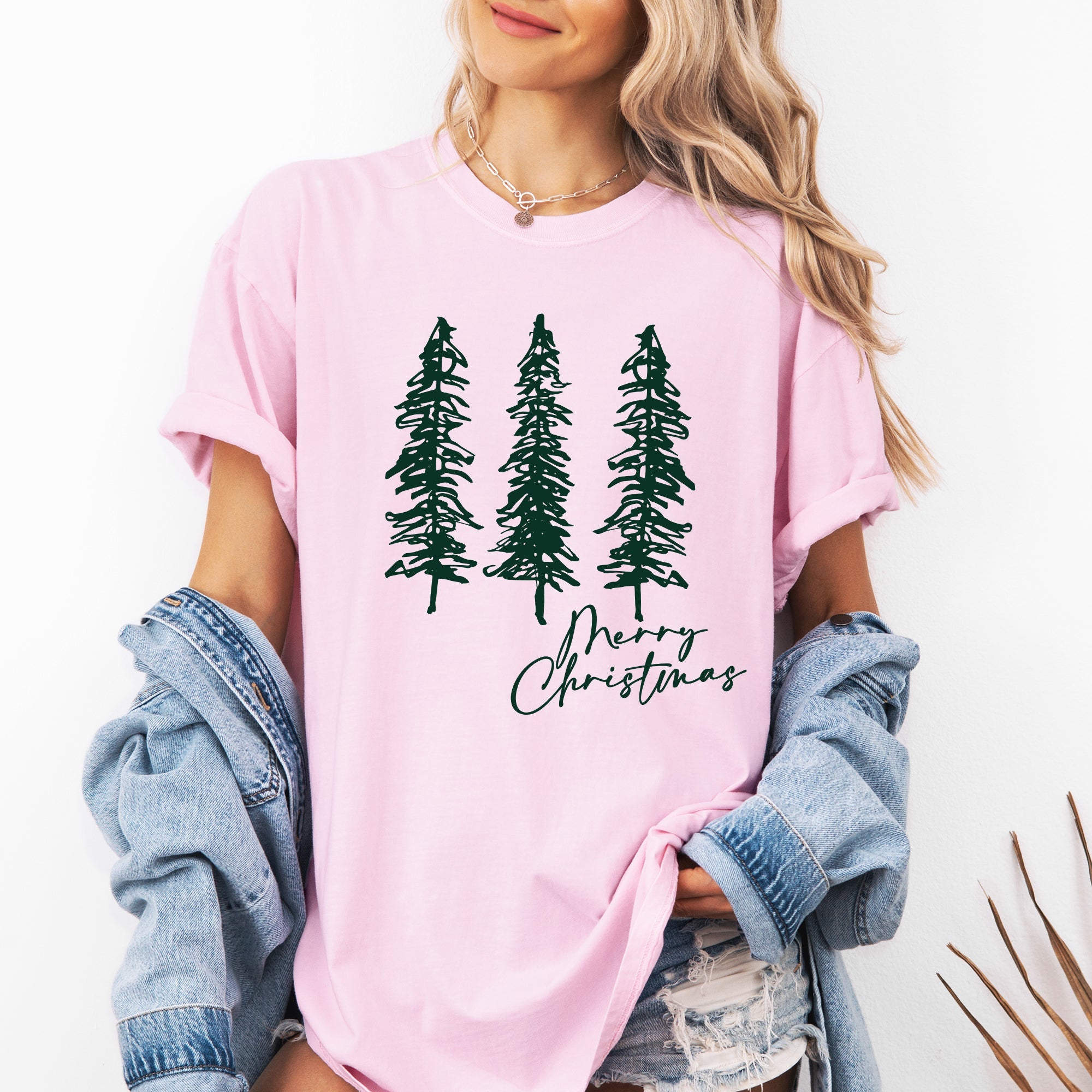 Merry Christmas Sketched Pine Trees Minimalist Winter Snow Scene Comfort Colors Tee