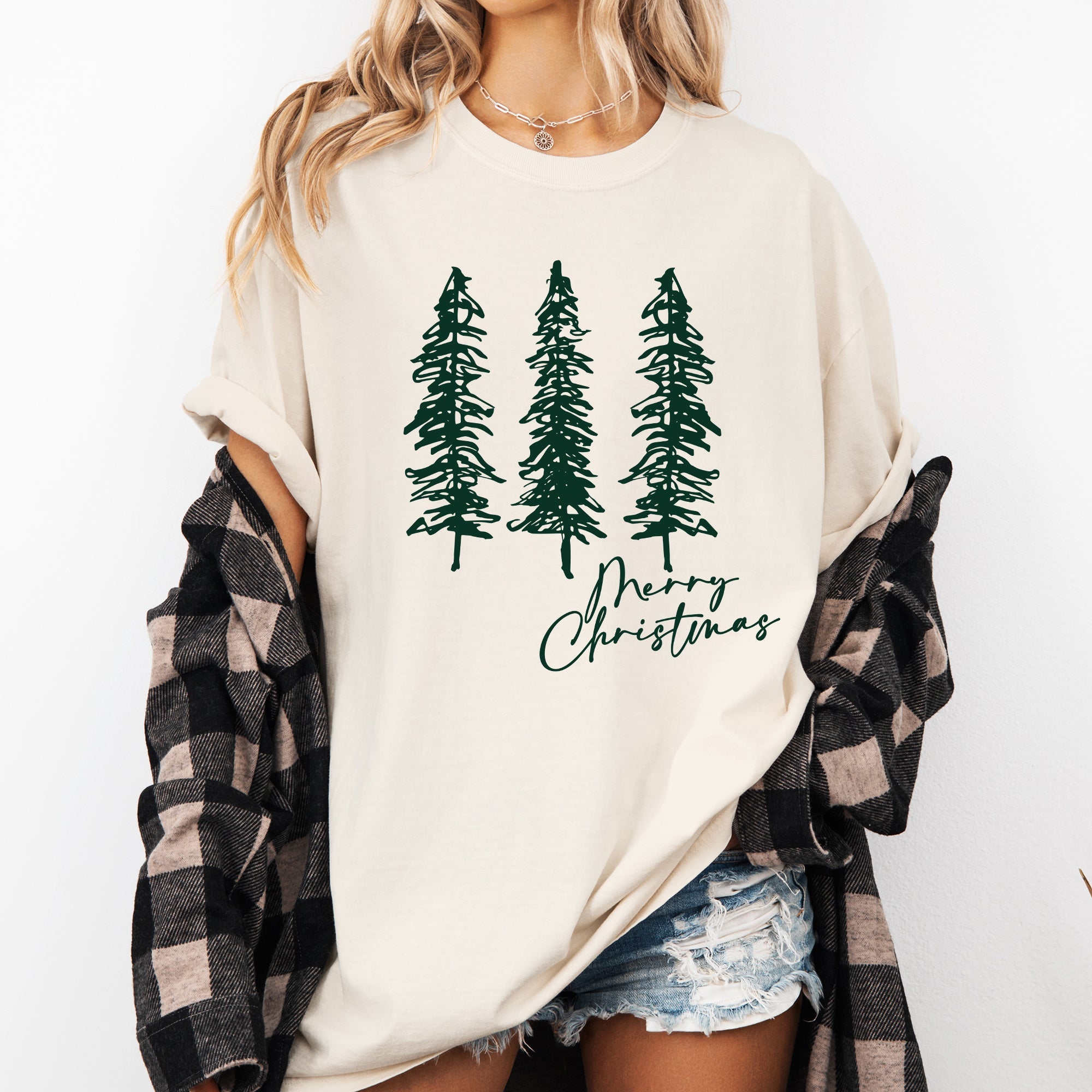 Merry Christmas Sketched Pine Trees Minimalist Winter Snow Scene Comfort Colors Tee