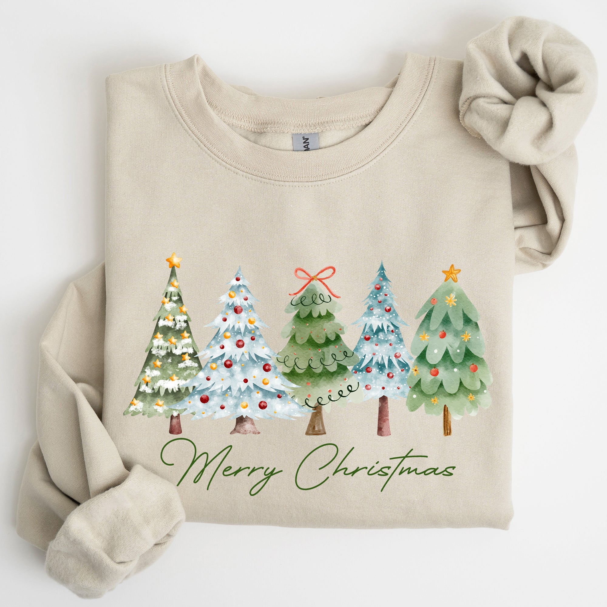 Merry Christmas Tree Santa Colorful Artwork Winter Holiday Scene Cozy Festive Sweatshirt