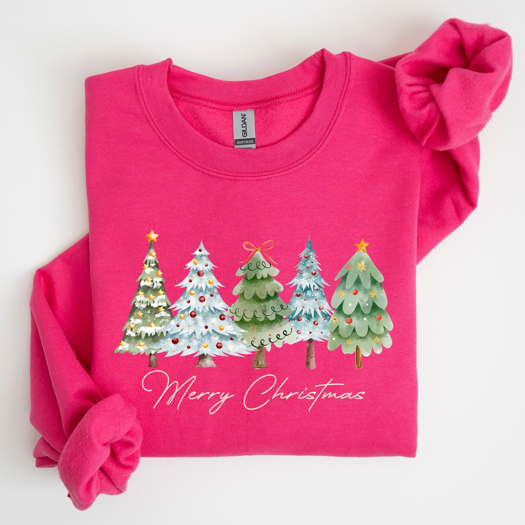 Merry Christmas Tree Santa Colorful Artwork Winter Holiday Scene Cozy Festive Sweatshirt
