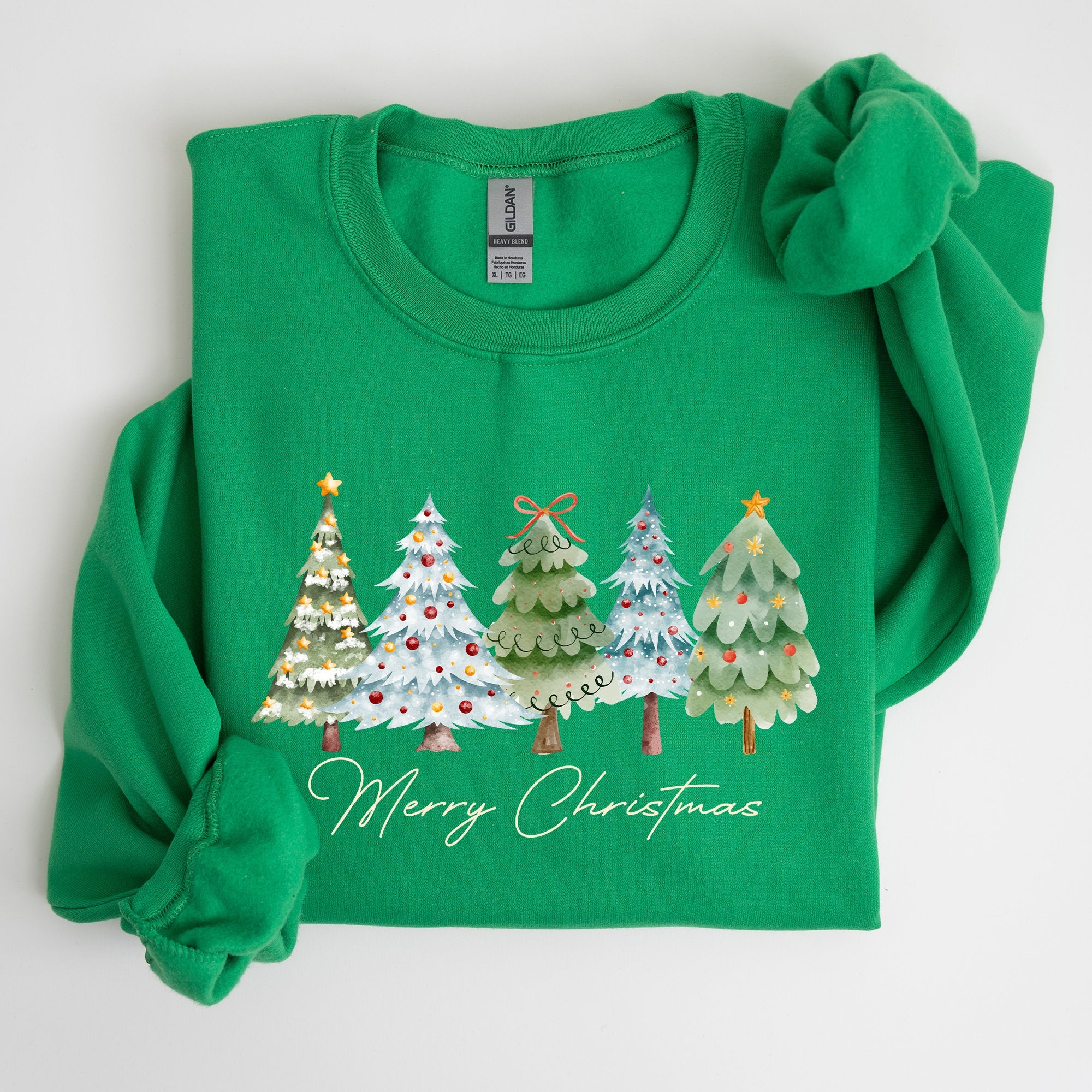 Merry Christmas Tree Santa Colorful Artwork Winter Holiday Scene Cozy Festive Sweatshirt
