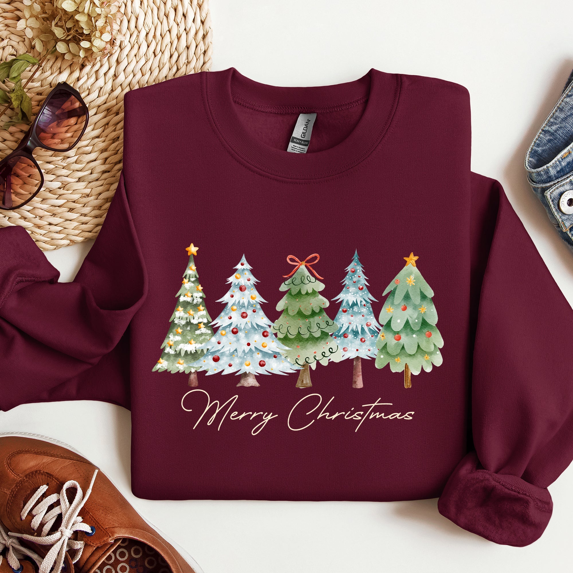 Merry Christmas Tree Santa Colorful Artwork Winter Holiday Scene Cozy Festive Sweatshirt