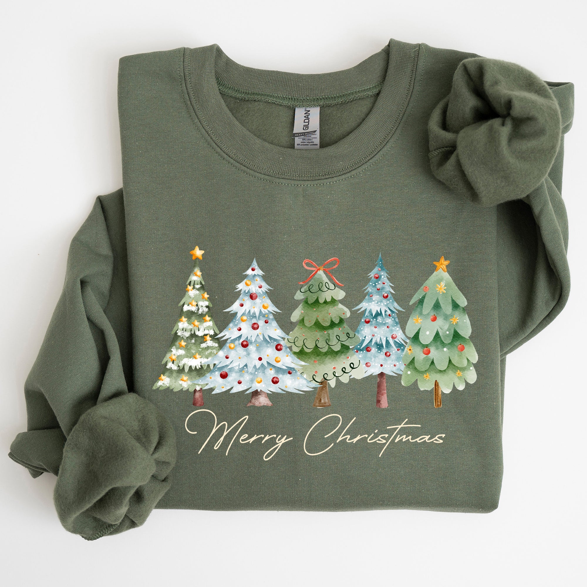 Merry Christmas Tree Santa Colorful Artwork Winter Holiday Scene Cozy Festive Sweatshirt