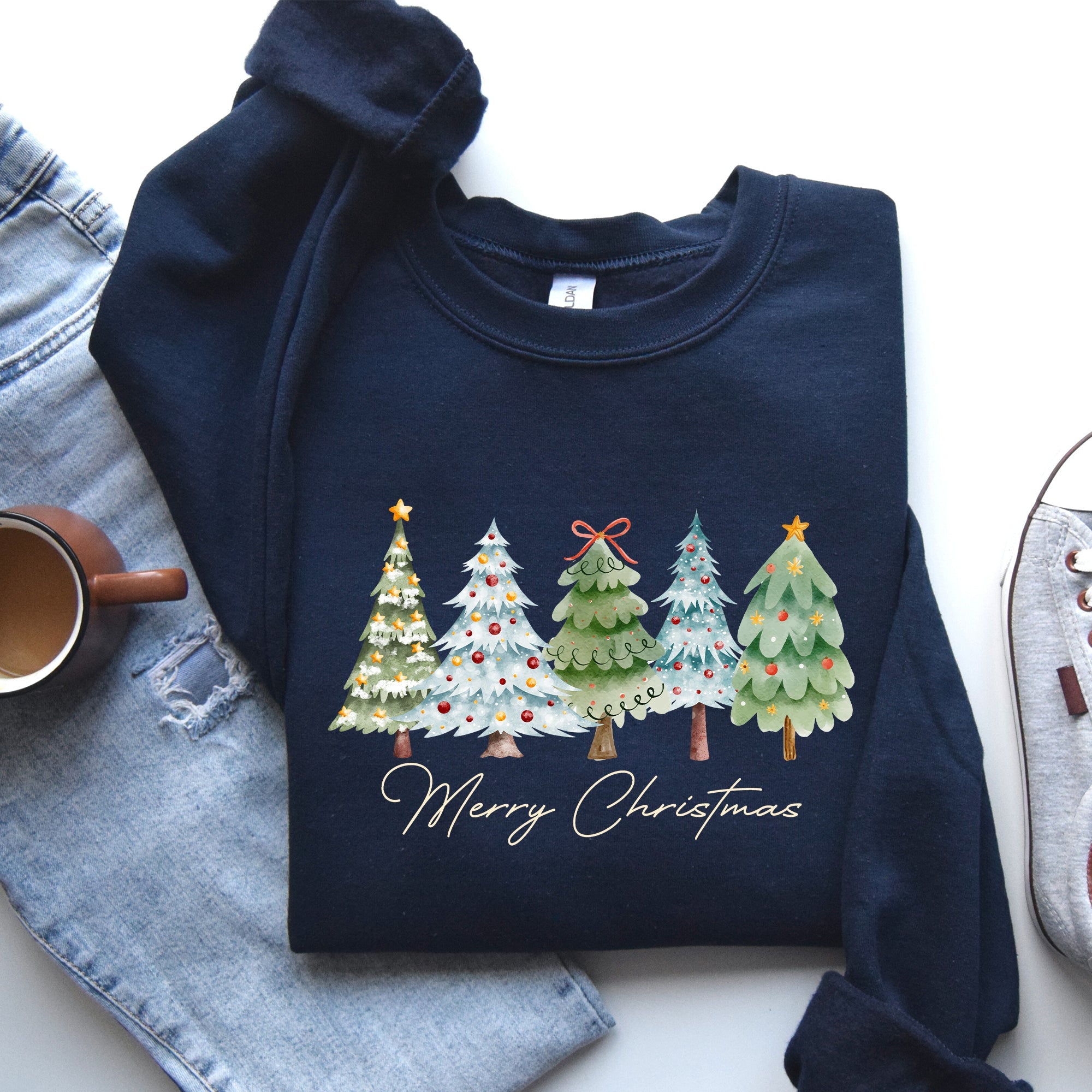 Merry Christmas Tree Santa Colorful Artwork Winter Holiday Scene Cozy Festive Sweatshirt