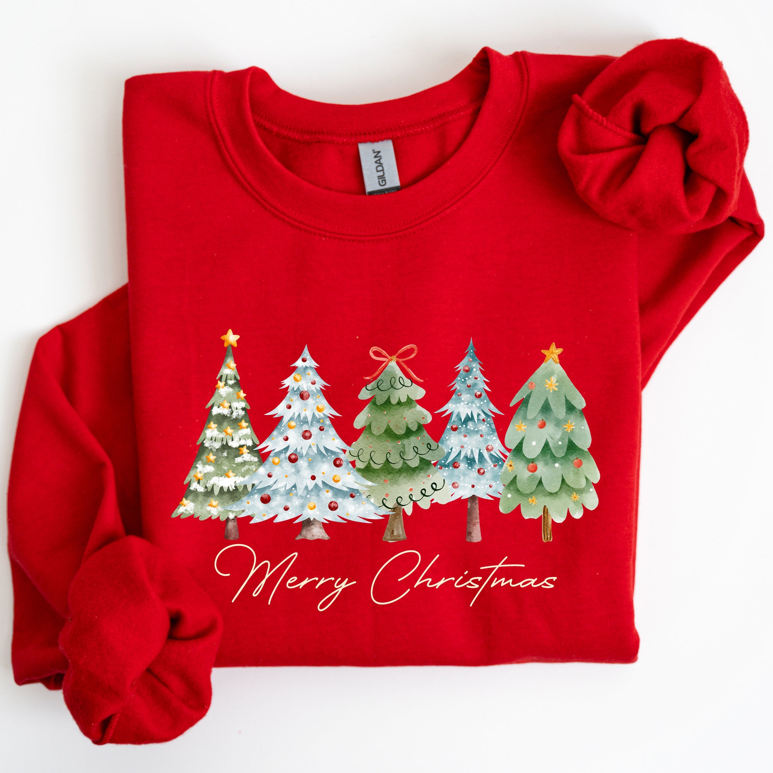 Merry Christmas Tree Santa Colorful Artwork Winter Holiday Scene Cozy Festive Sweatshirt