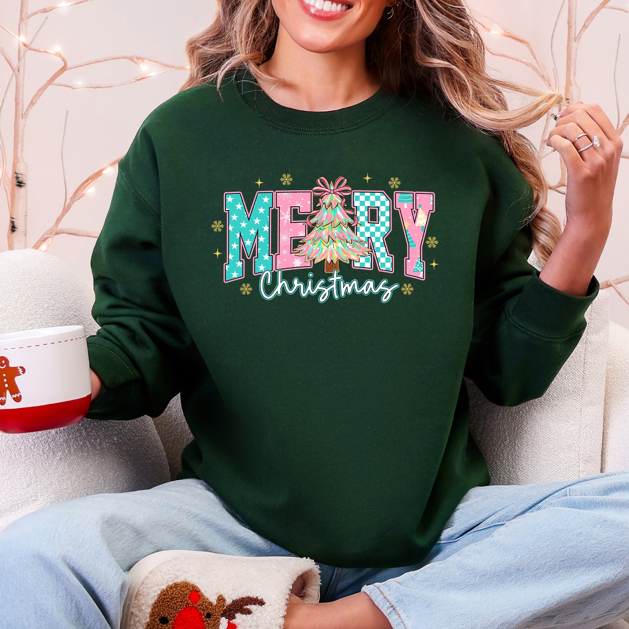 Merry Christmas Varsity Santa Christmas Tree Pink Pattern Retro Checkered Sweatshirt