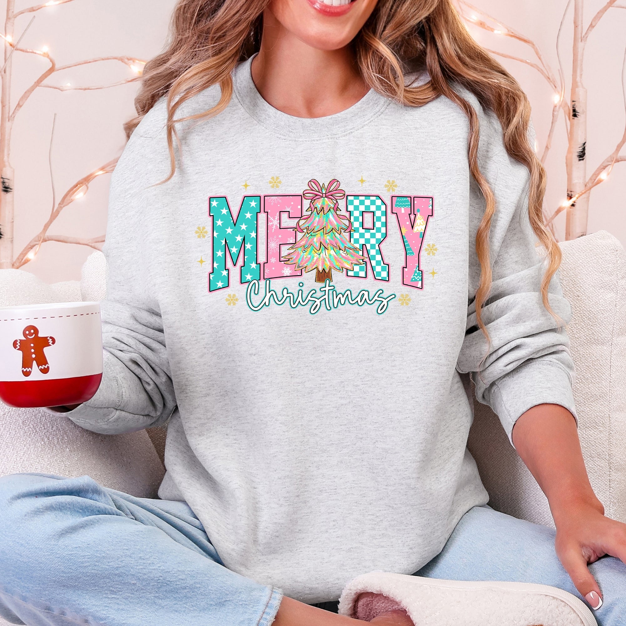 Merry Christmas Varsity Santa Christmas Tree Pink Pattern Retro Checkered Sweatshirt