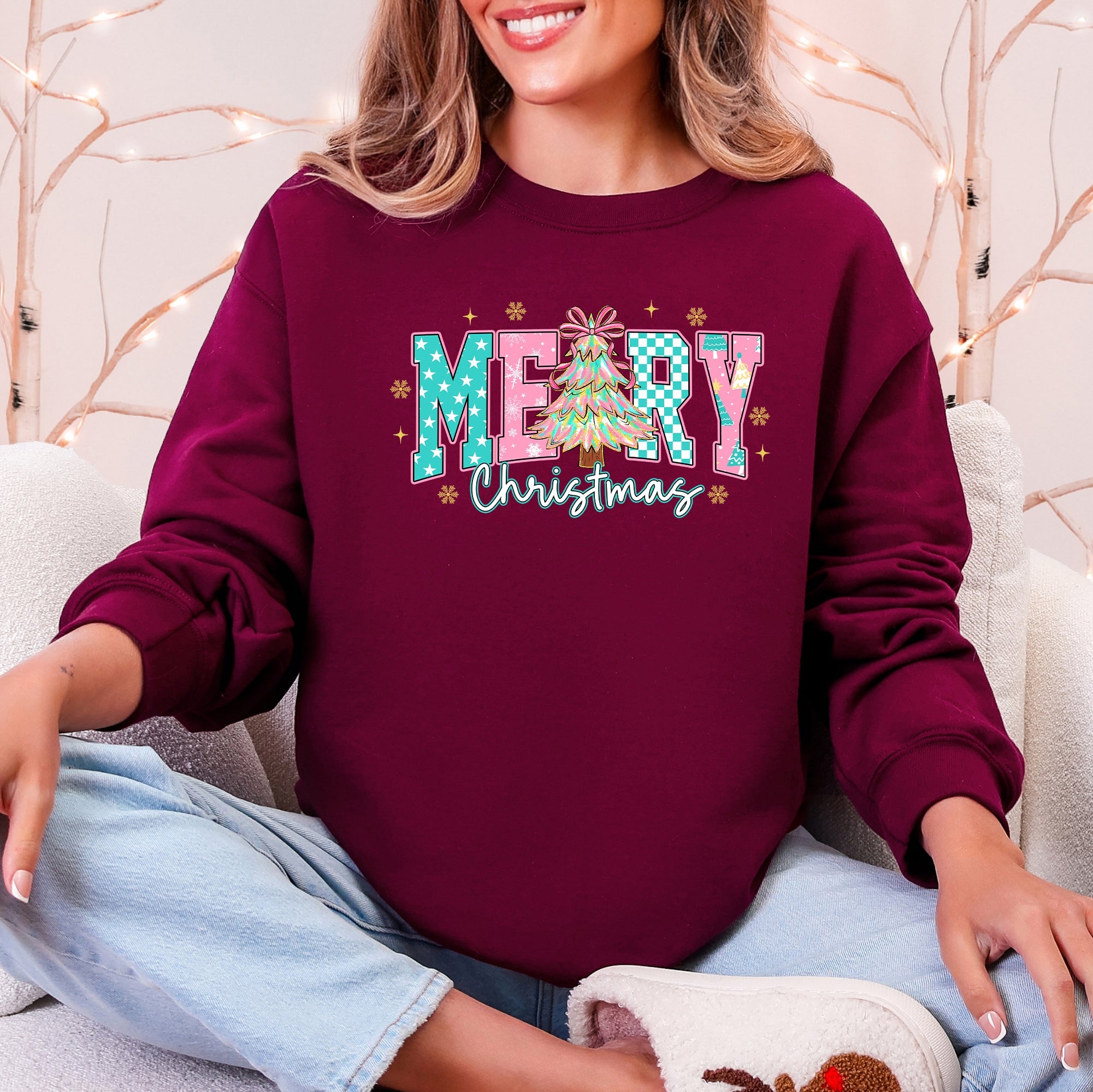 Merry Christmas Varsity Santa Christmas Tree Pink Pattern Retro Checkered Sweatshirt