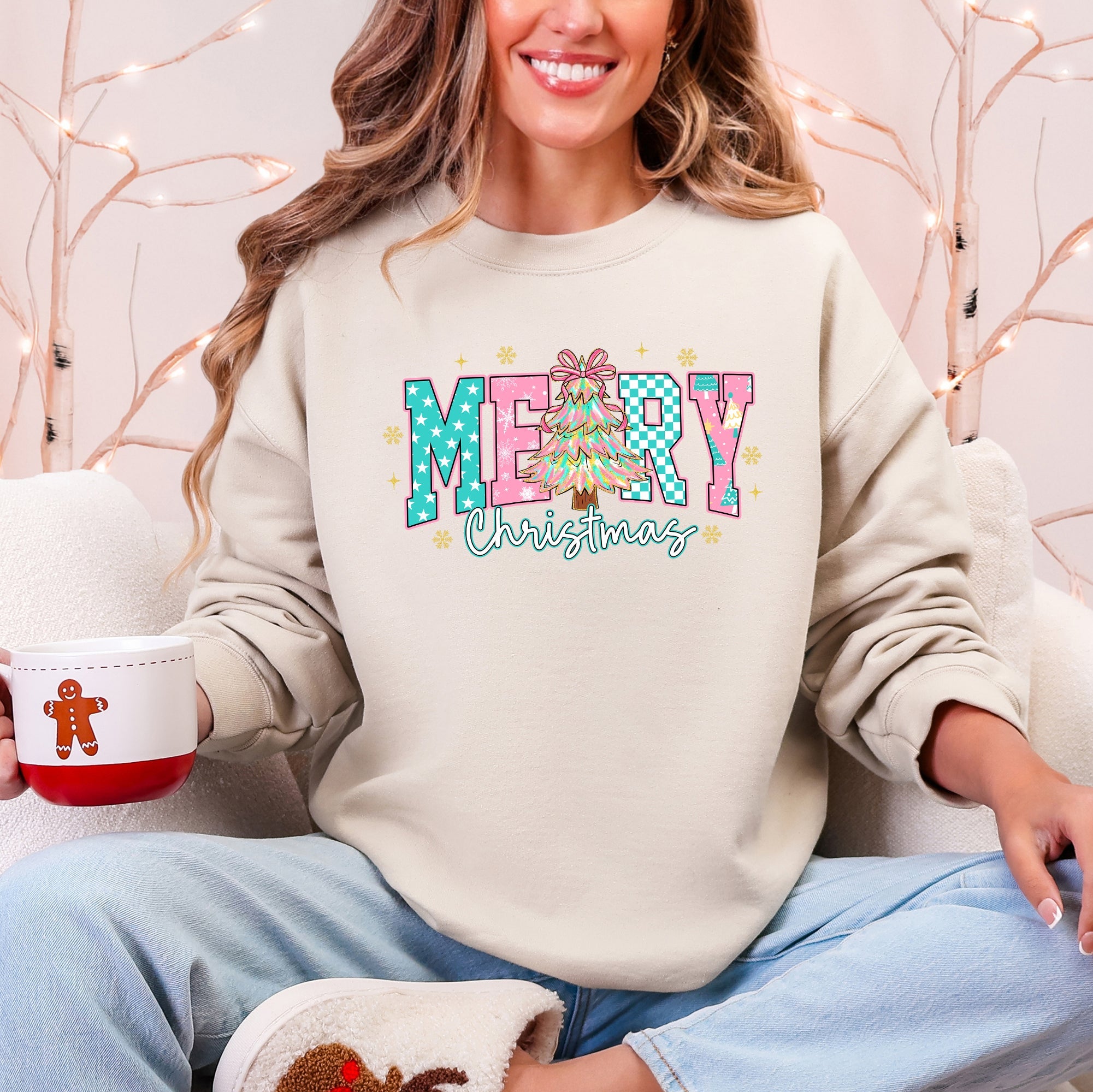 Merry Christmas Varsity Santa Christmas Tree Pink Pattern Retro Checkered Sweatshirt