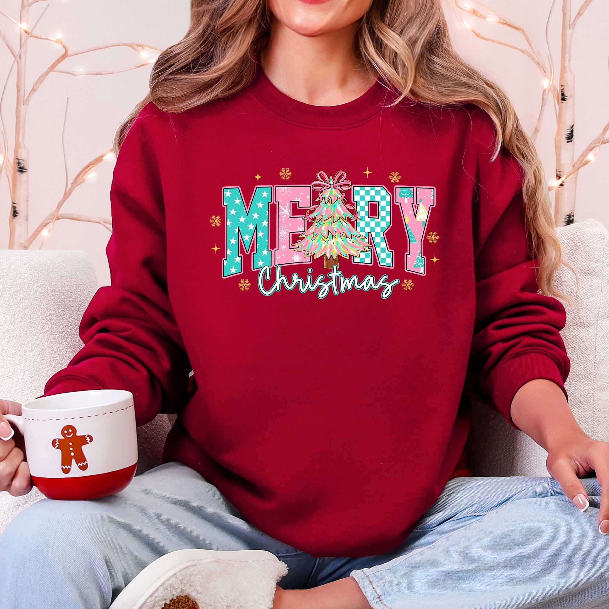 Merry Christmas Varsity Santa Christmas Tree Pink Pattern Retro Checkered Sweatshirt