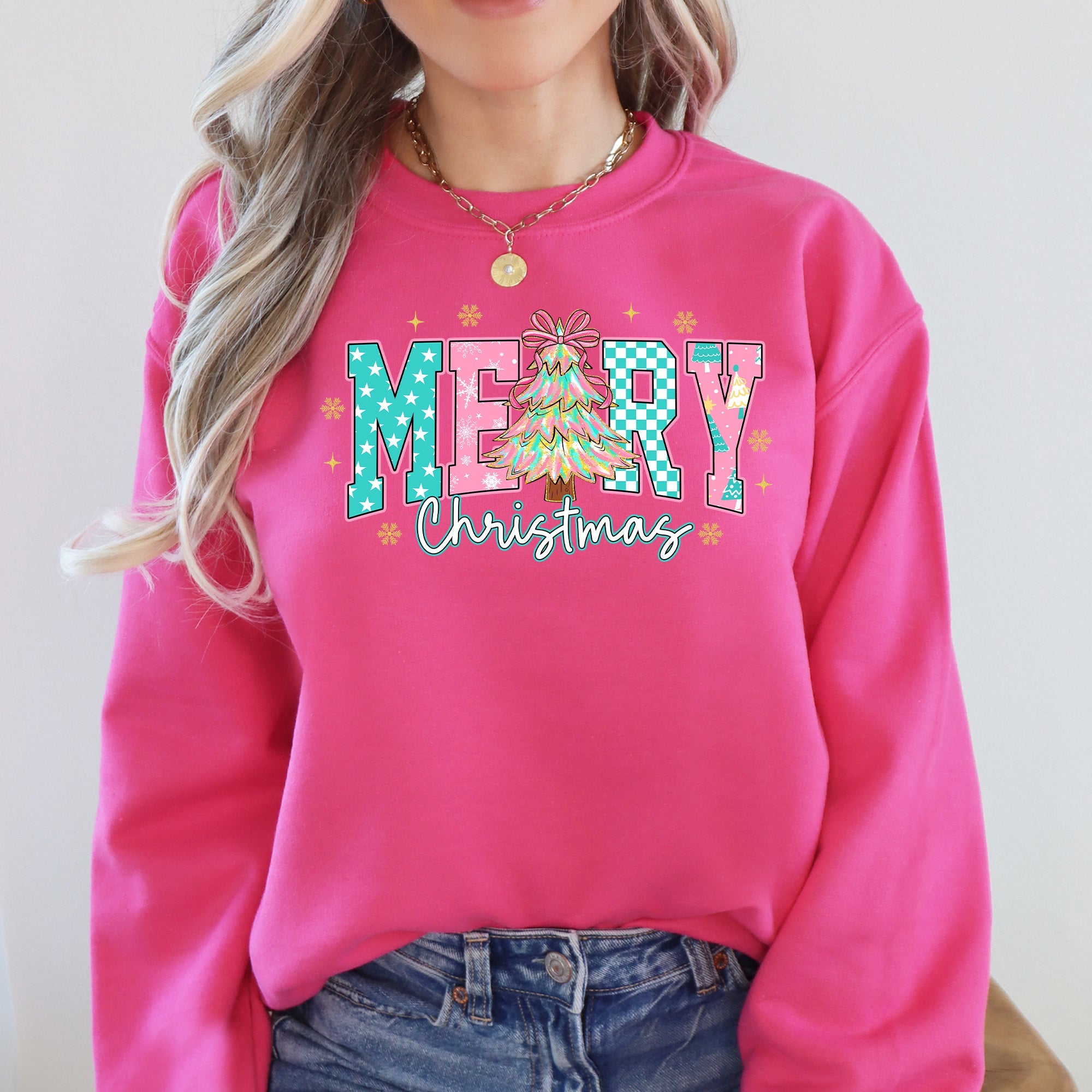 Merry Christmas Varsity Santa Christmas Tree Pink Pattern Retro Checkered Sweatshirt