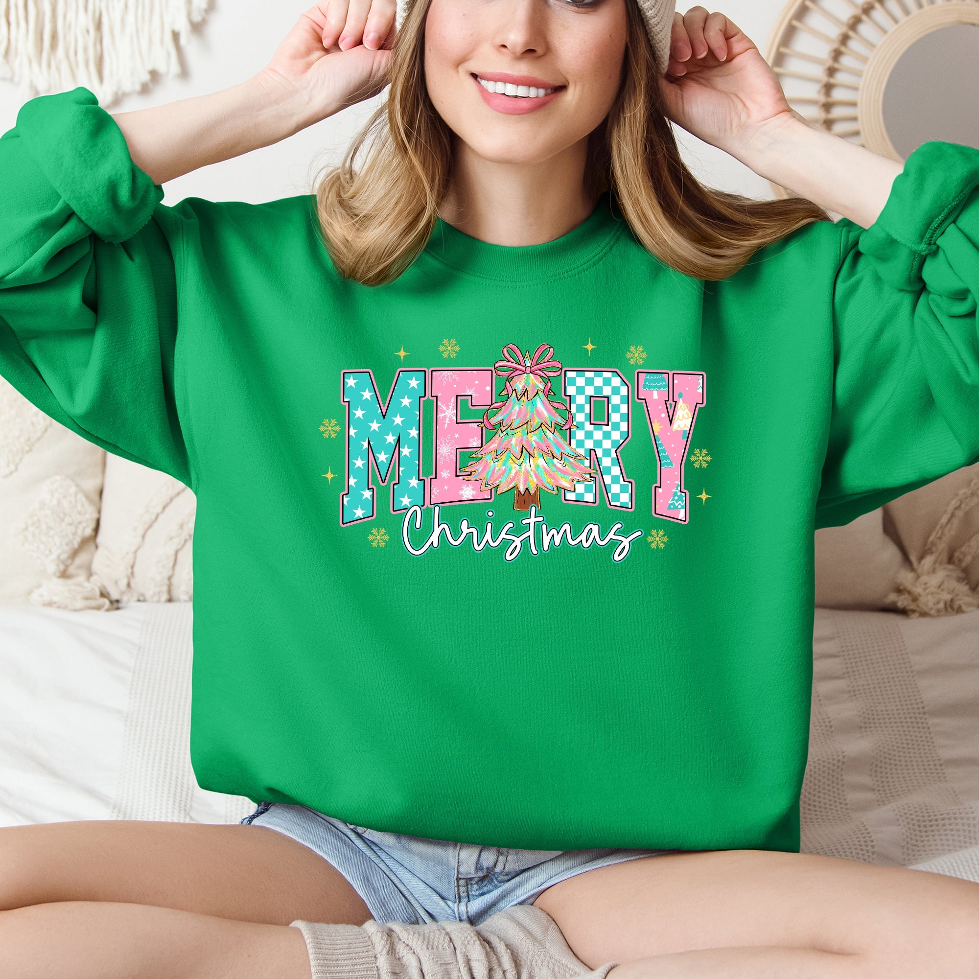 Merry Christmas Varsity Santa Christmas Tree Pink Pattern Retro Checkered Sweatshirt