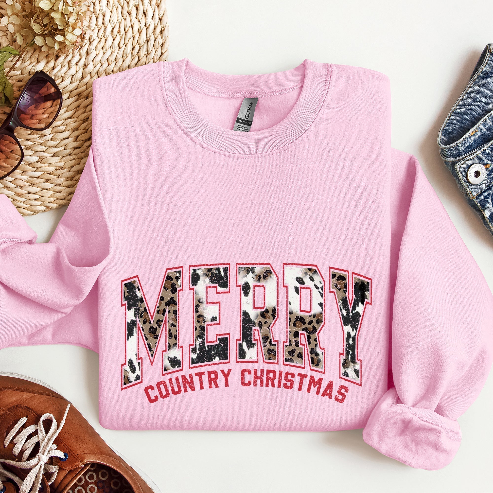 Merry Country Christmas Collegiate Style Retro Fur Leopard Print Holiday Sweatshirt