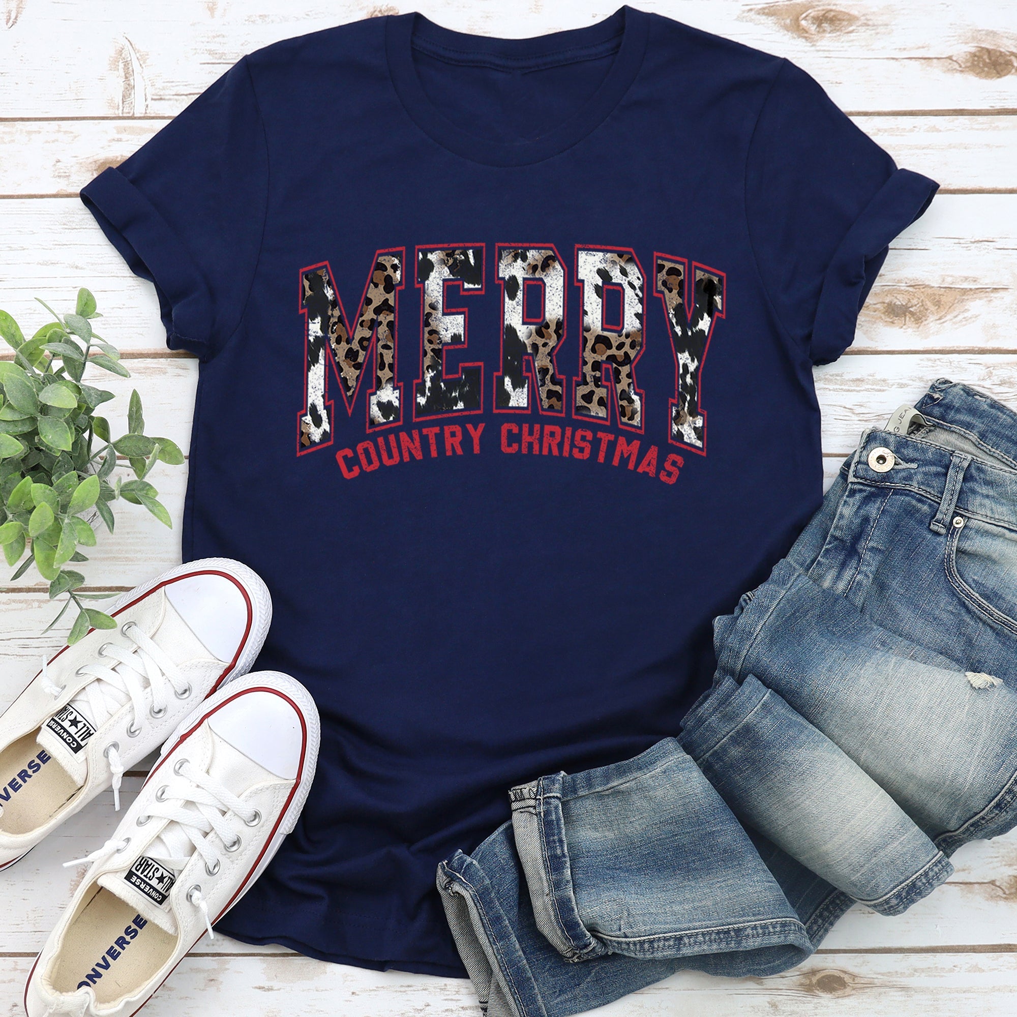Merry Country Christmas Collegiate Retro Fur Leopard Print Ultra Soft Graphic Tee