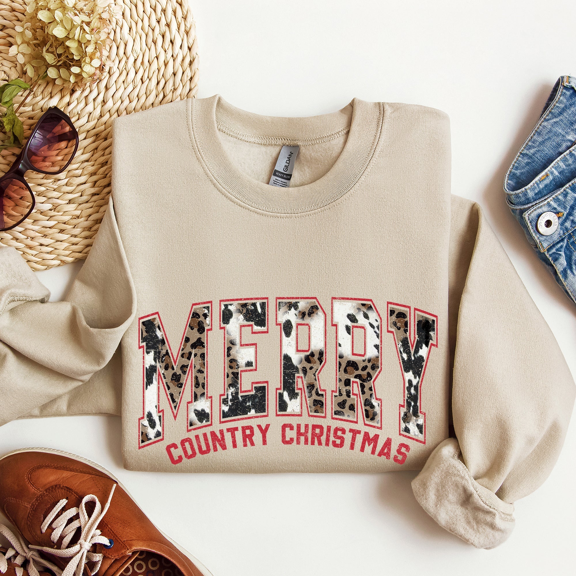Merry Country Christmas Collegiate Style Retro Fur Leopard Print Holiday Sweatshirt