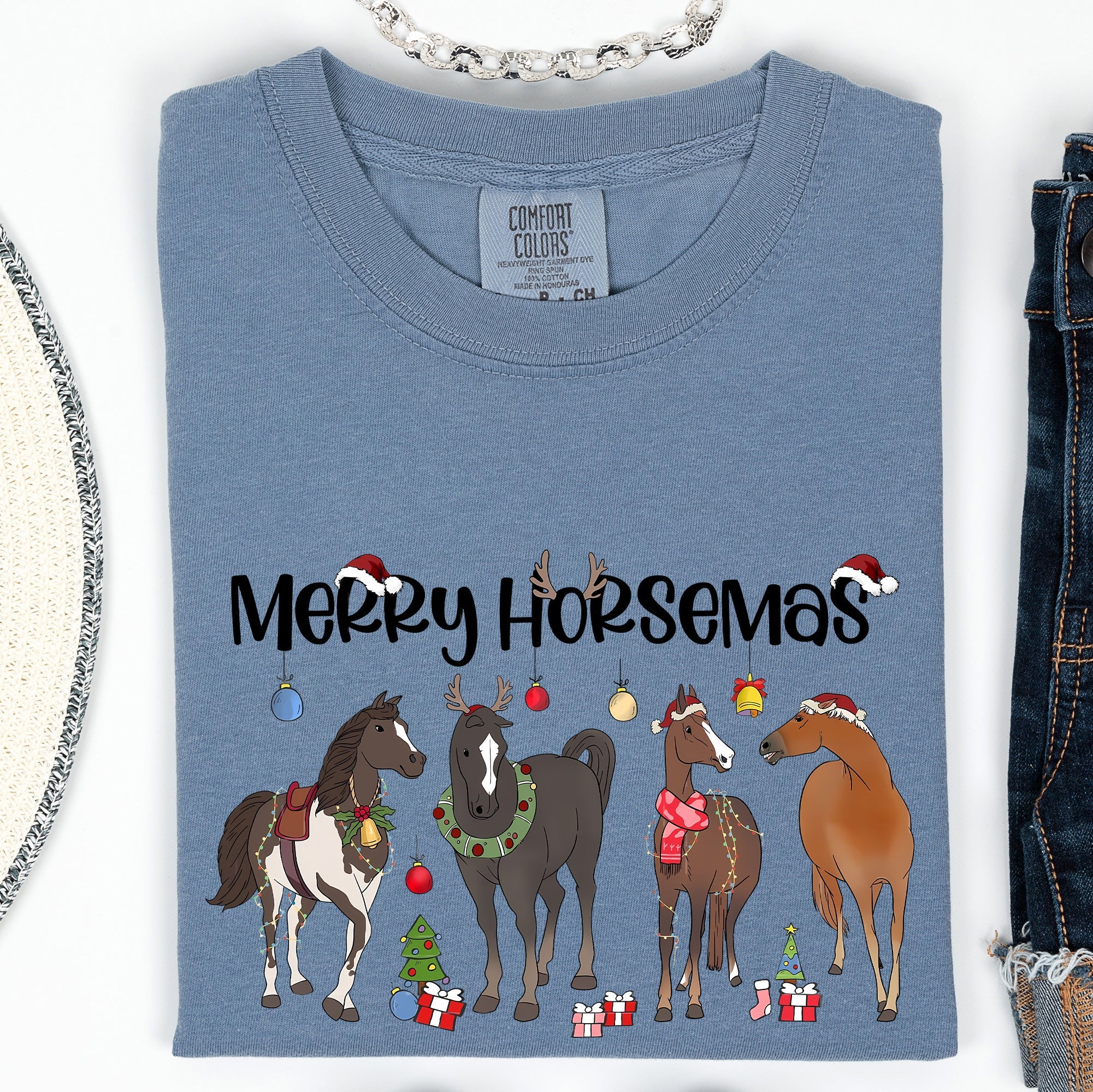 Merry Horsemas Christmas Horse Lover Holiday Artwork Edition Collection Comfort Colors Tee