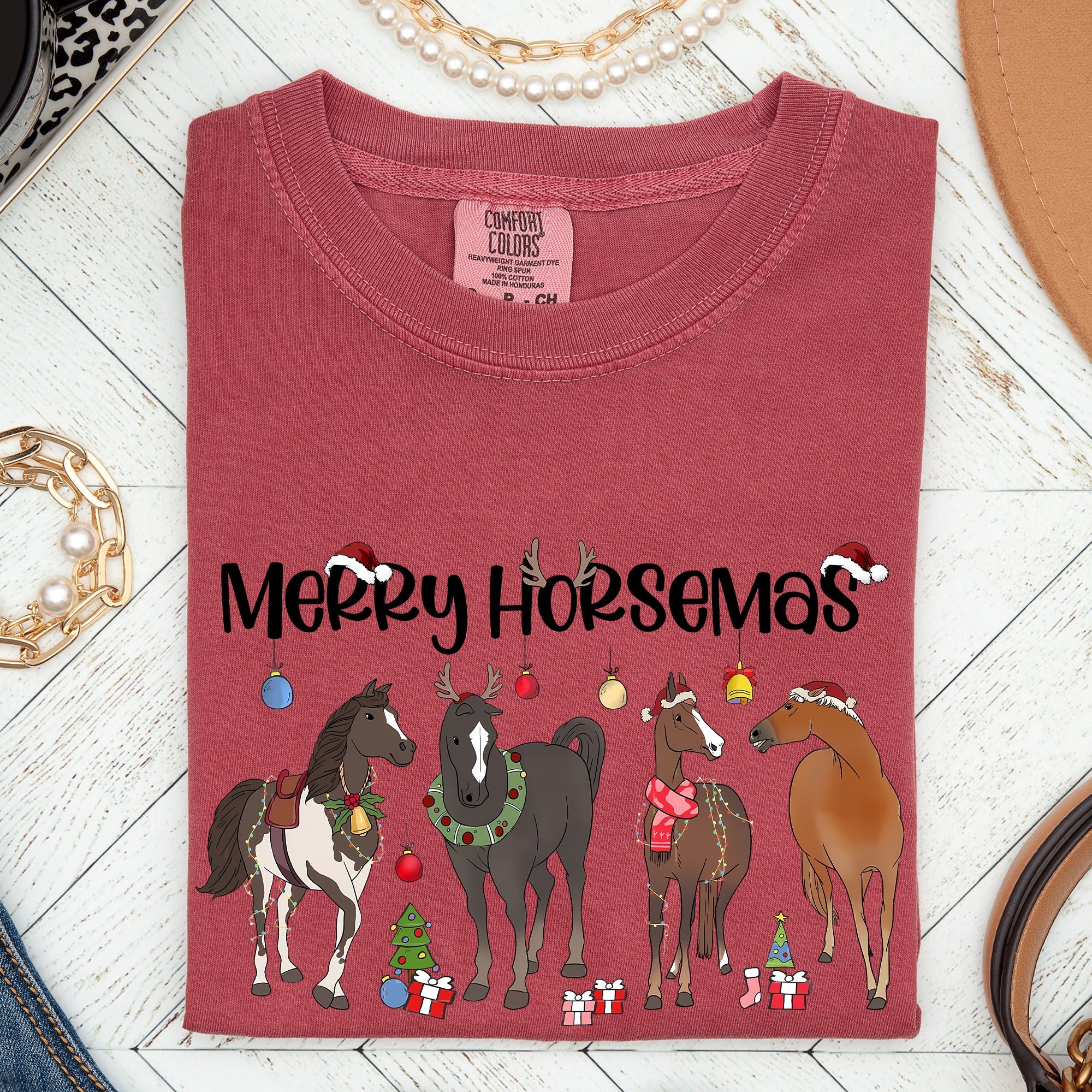 Merry Horsemas Christmas Horse Lover Holiday Artwork Edition Collection Comfort Colors Tee
