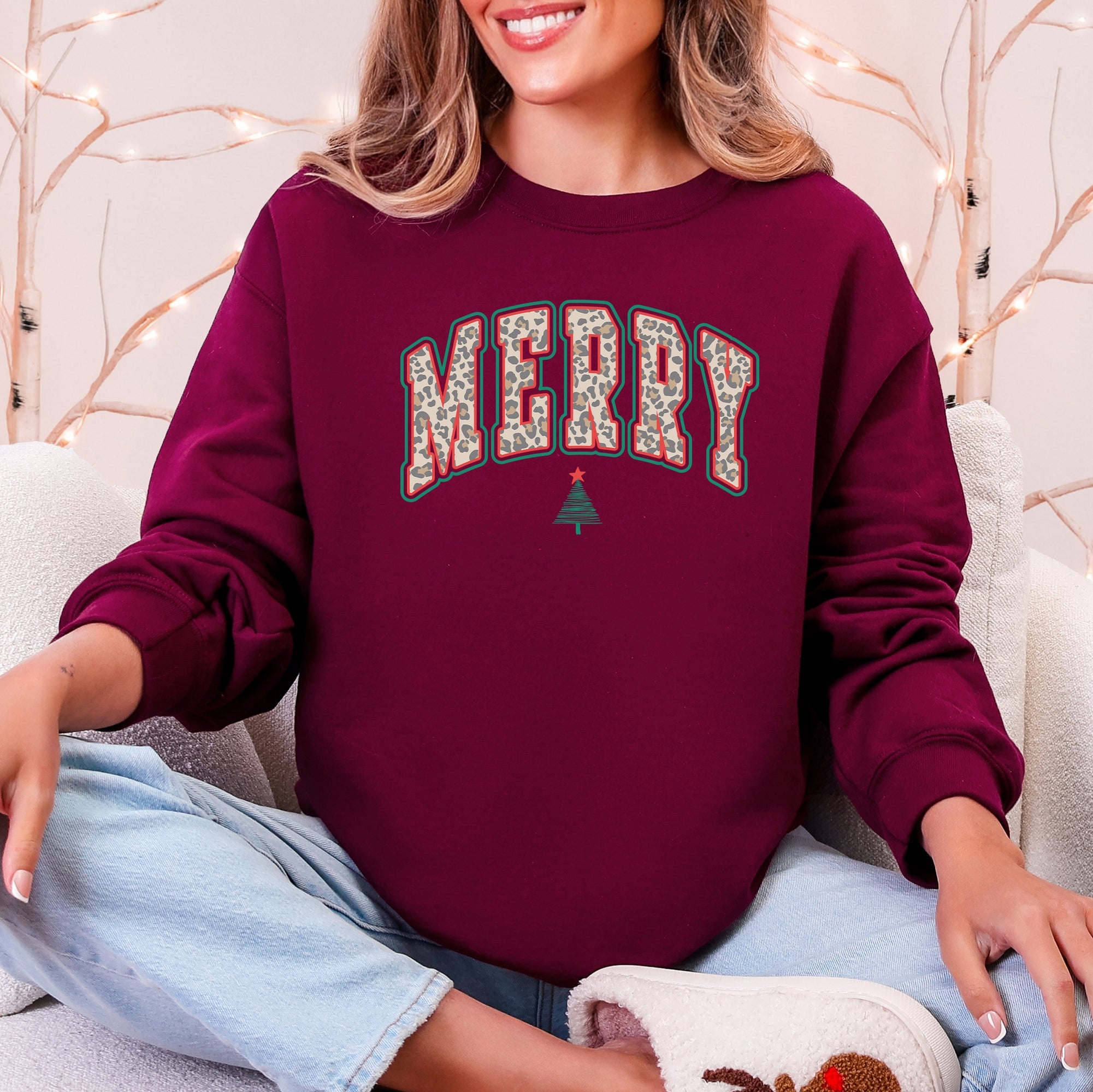 Merry Leopard Print Varsity Santa Christmas Tree Gingerbread Man Snowflakes Sweatshirt