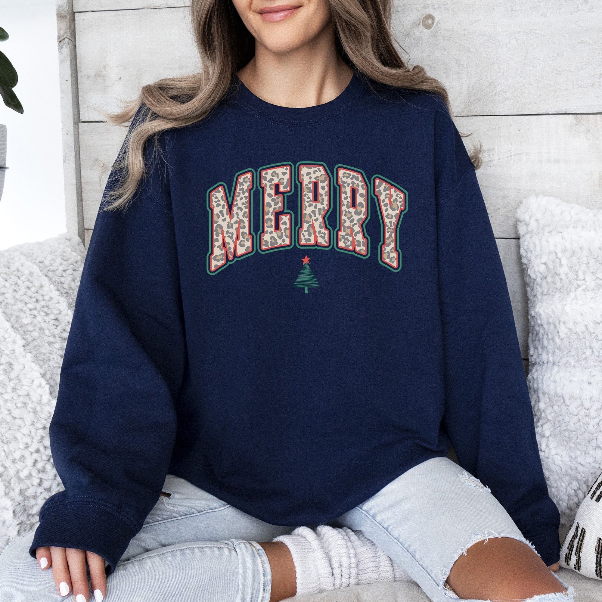 Merry Leopard Print Varsity Santa Christmas Tree Gingerbread Man Snowflakes Sweatshirt