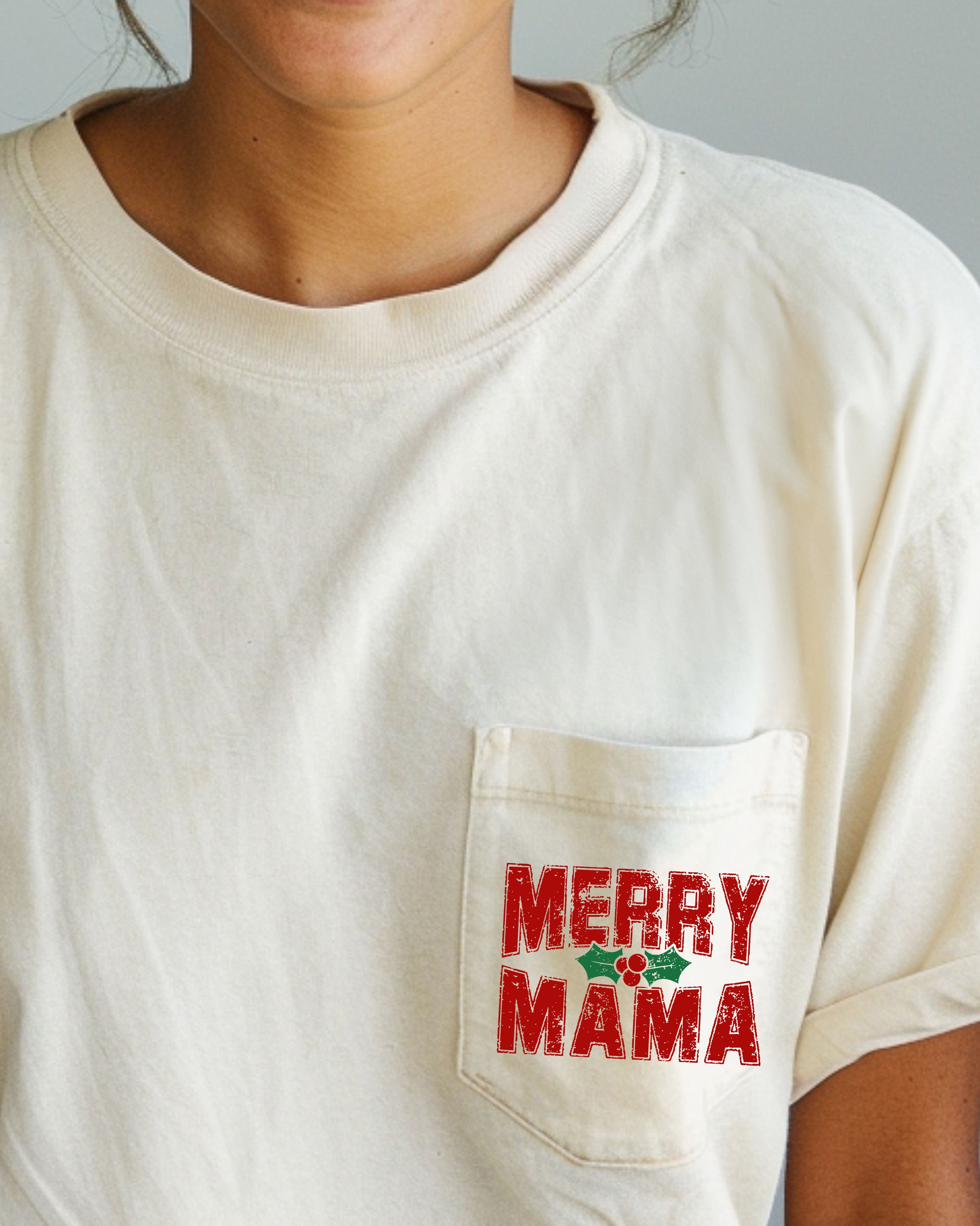 Merry Mama Pocket Christmas Santa Snow Xmas Holiday Cheer Family Style Comfort Colors Tee