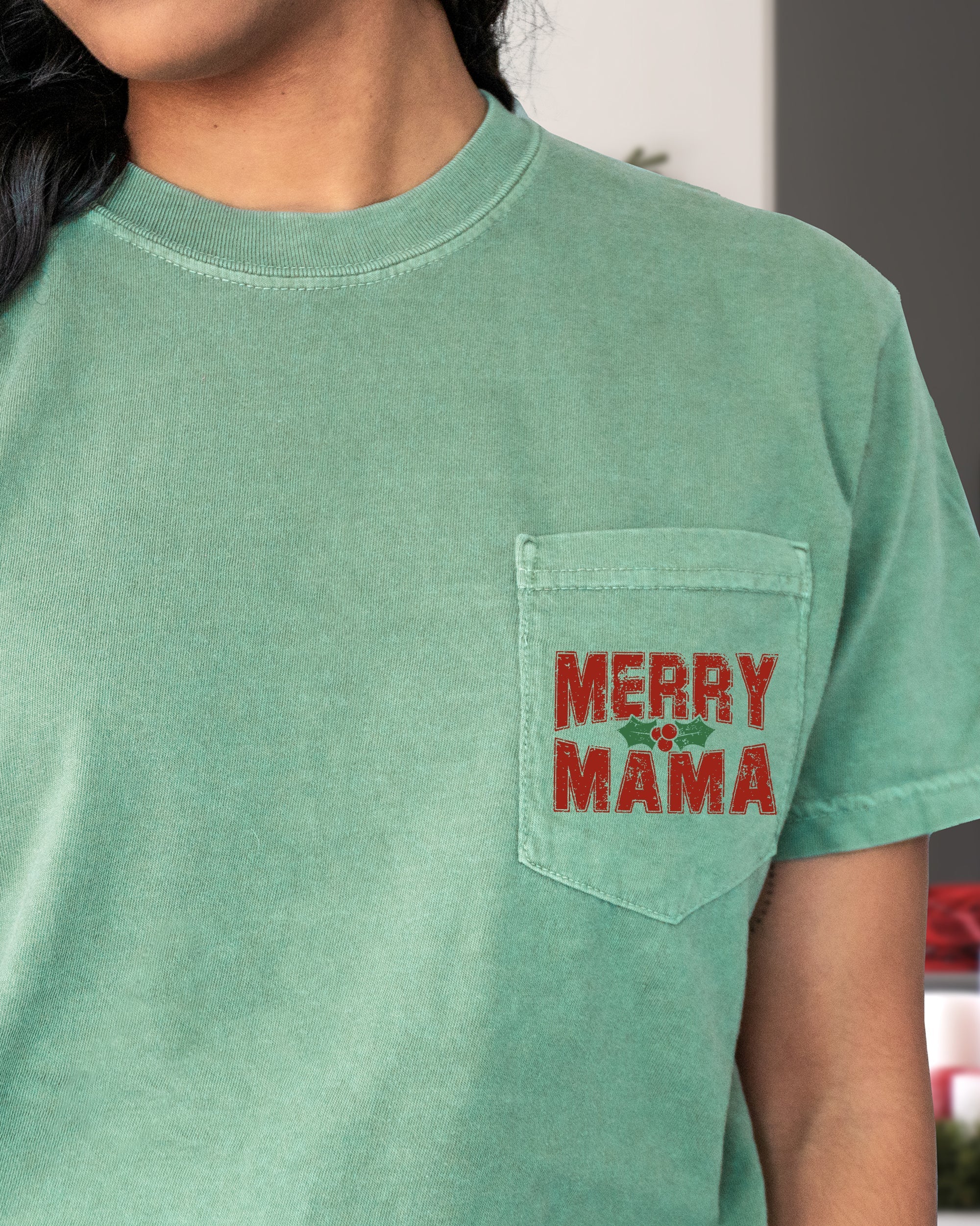 Merry Mama Pocket Christmas Santa Snow Xmas Holiday Cheer Family Style Comfort Colors Tee