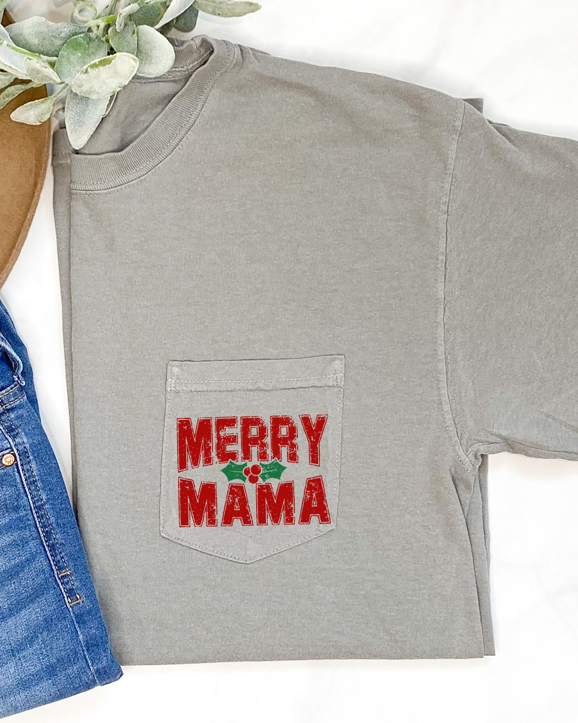 Merry Mama Pocket Christmas Santa Snow Xmas Holiday Cheer Family Style Comfort Colors Tee