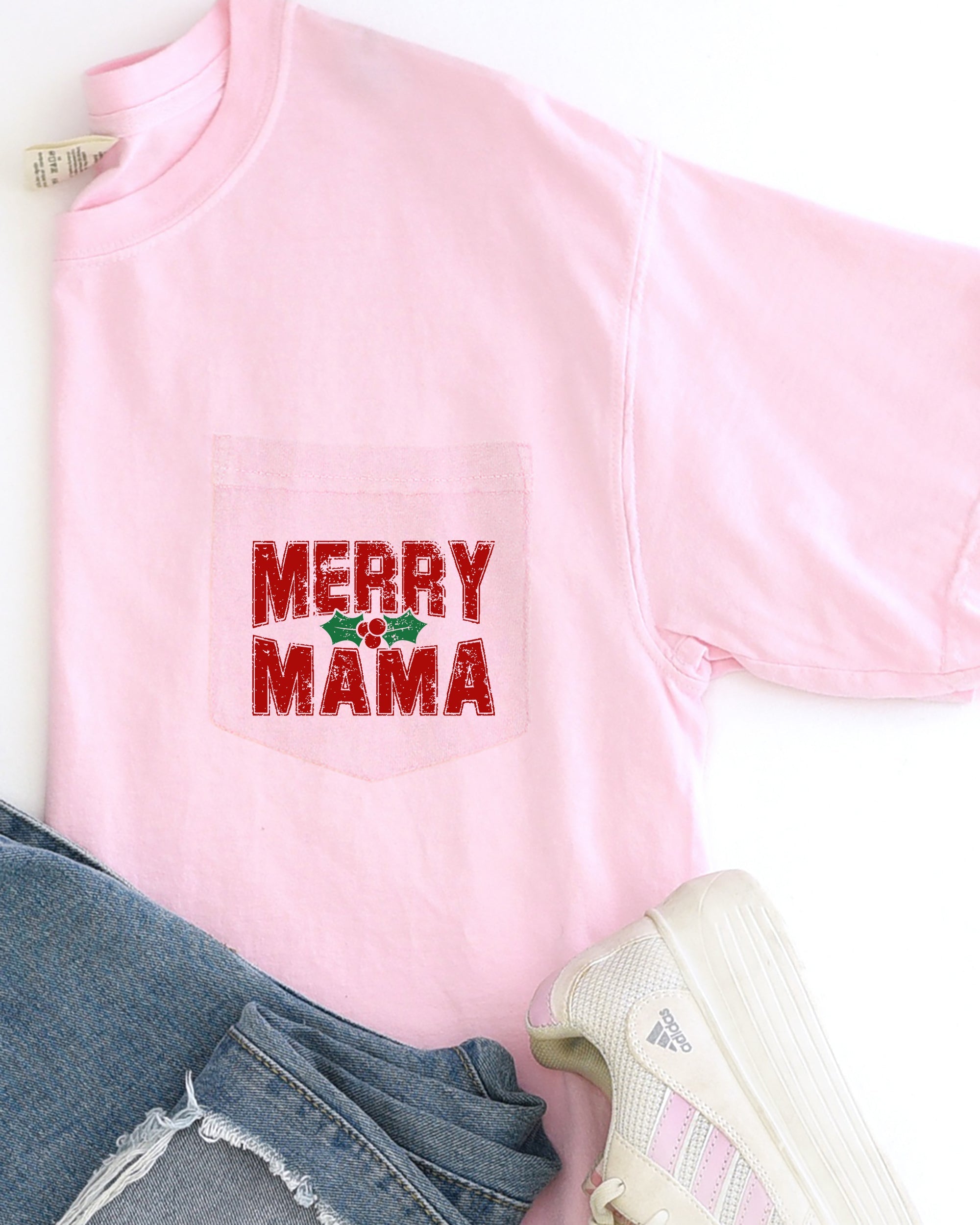 Merry Mama Pocket Christmas Santa Snow Xmas Holiday Cheer Family Style Comfort Colors Tee