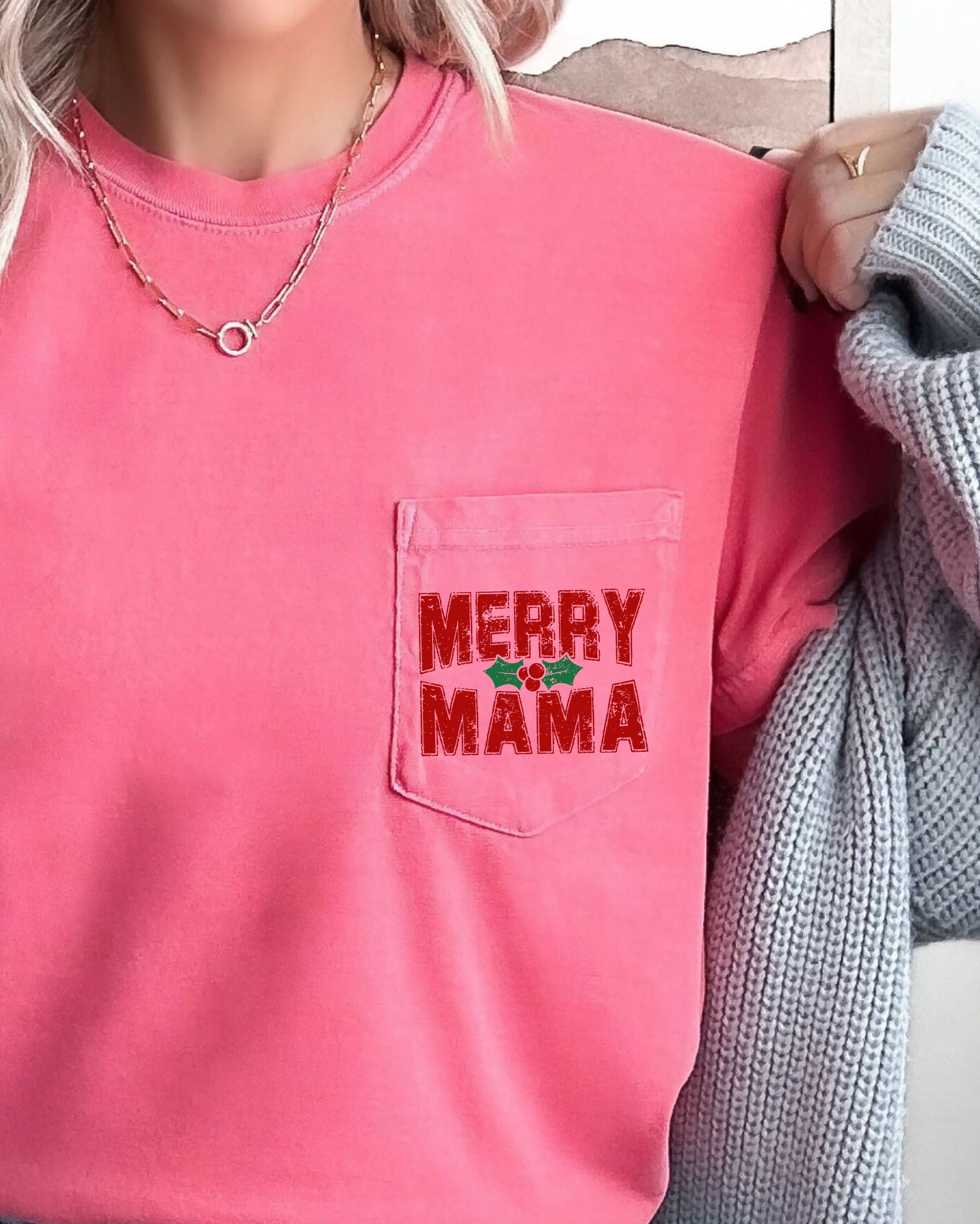 Merry Mama Pocket Christmas Santa Snow Xmas Holiday Cheer Family Style Comfort Colors Tee