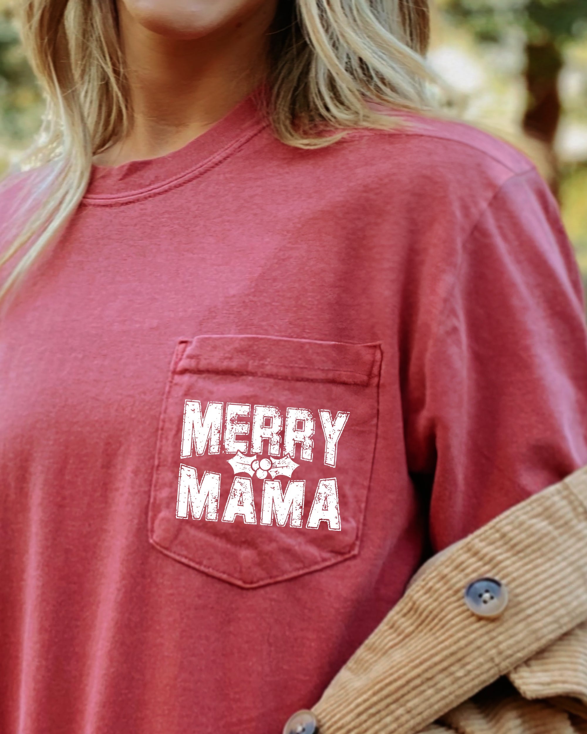 Merry Mama Pocket Christmas Santa Snow Xmas Holiday Cheer Family Style Comfort Colors Tee