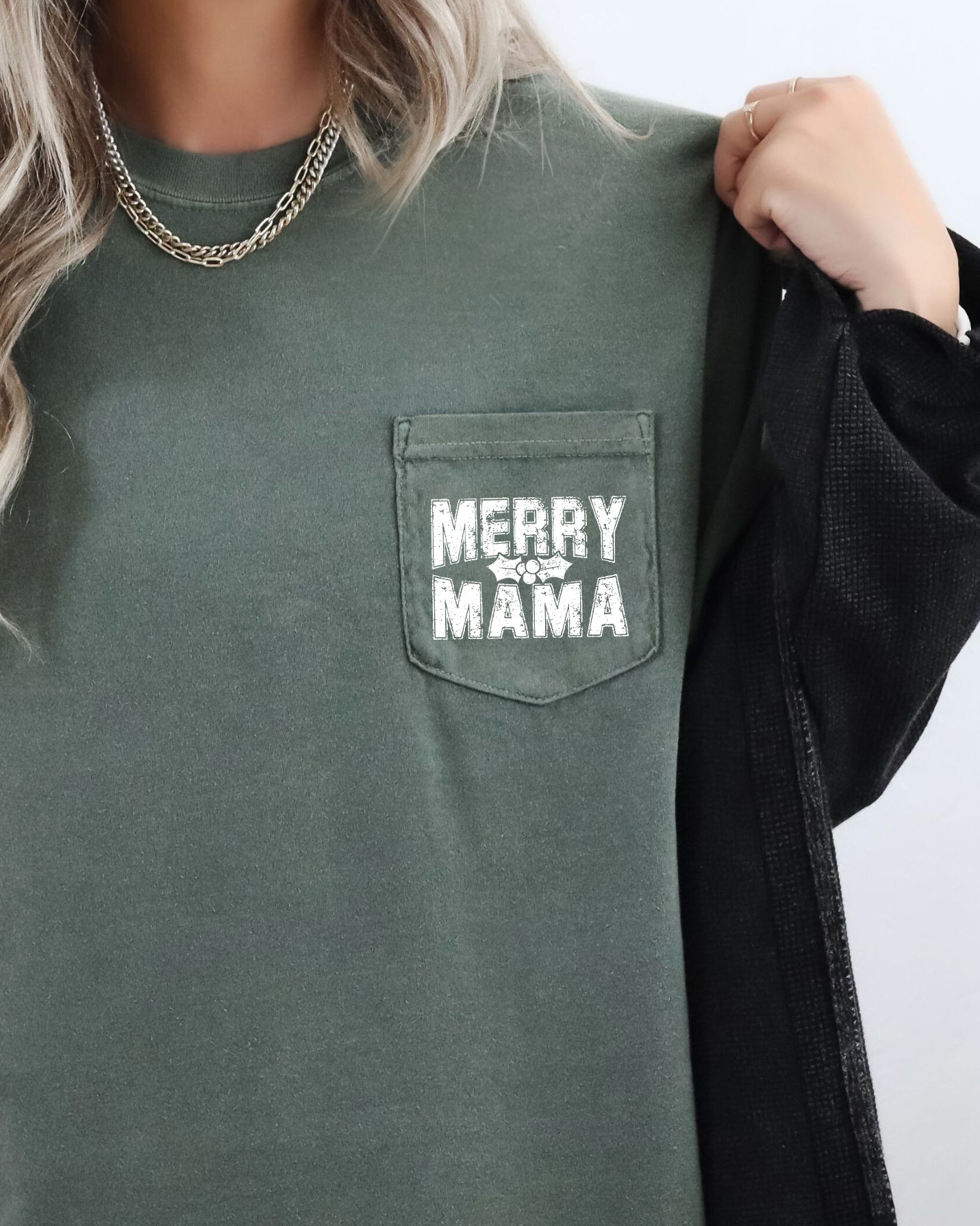 Merry Mama Pocket Christmas Santa Snow Xmas Holiday Cheer Family Style Comfort Colors Tee