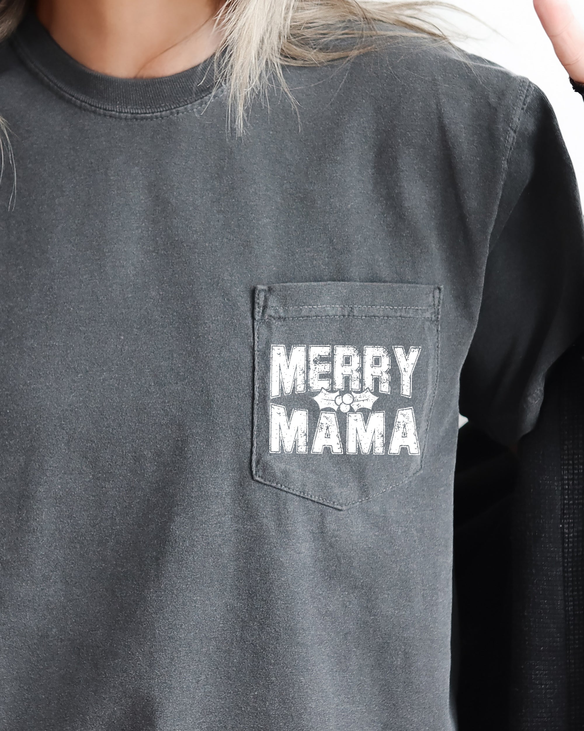 Merry Mama Pocket Christmas Santa Snow Xmas Holiday Cheer Family Style Comfort Colors Tee