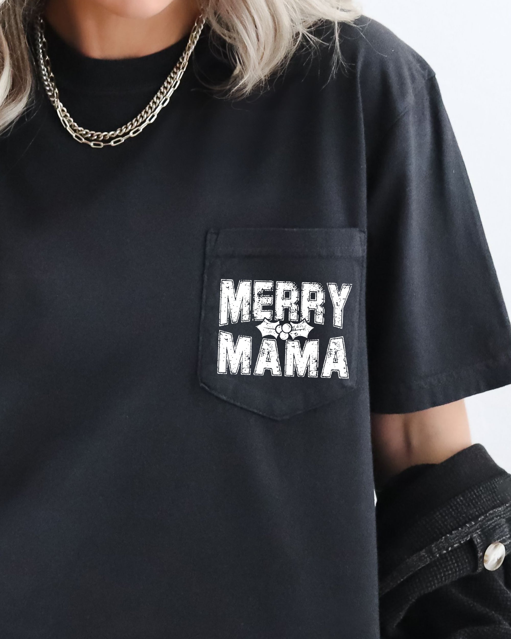 Merry Mama Pocket Christmas Santa Snow Xmas Holiday Cheer Family Style Comfort Colors Tee