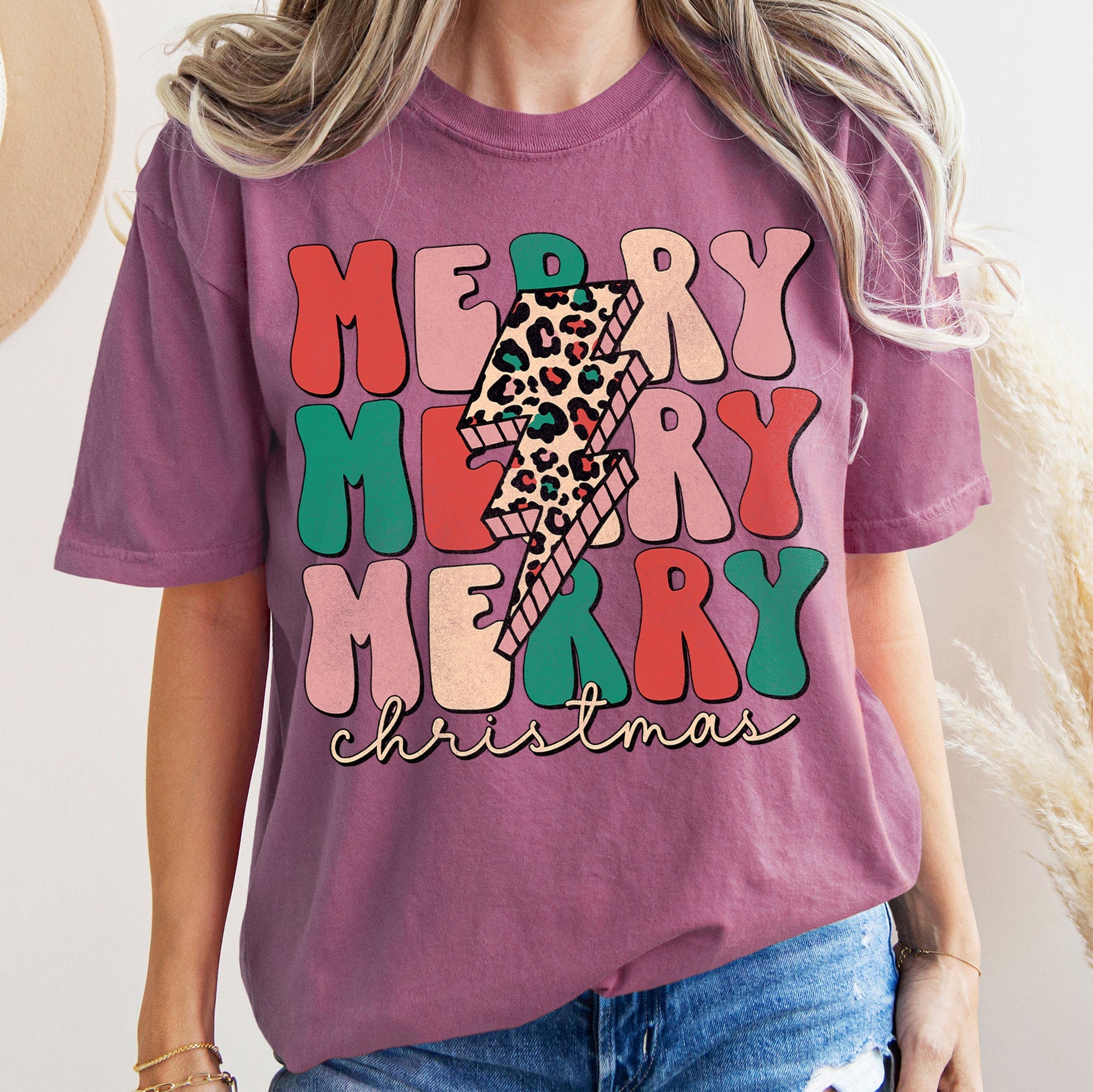 Merry Merry Merry Christmas Retro Leopard Print Vintage Limited Edition Comfort Colors Tee