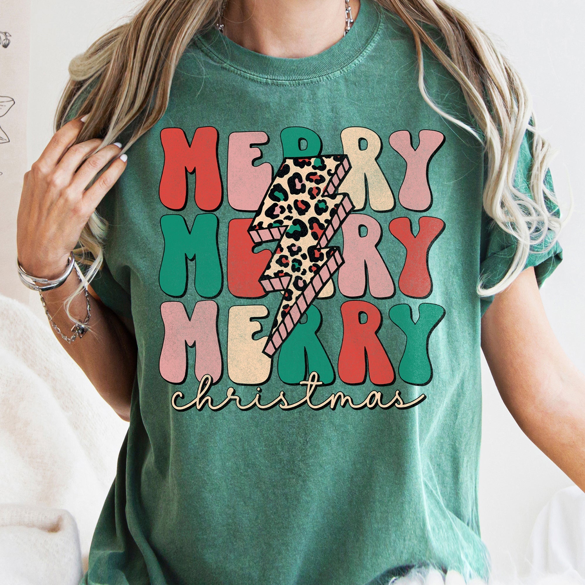 Merry Merry Merry Christmas Retro Leopard Print Vintage Limited Edition Comfort Colors Tee