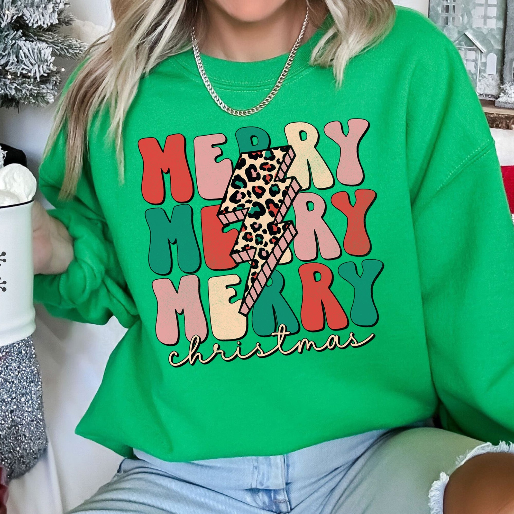Merry Christmas Retro Leopard Print Cozy Festive Snowflake Graphic Christmas Cheer Holiday Sweatshirt