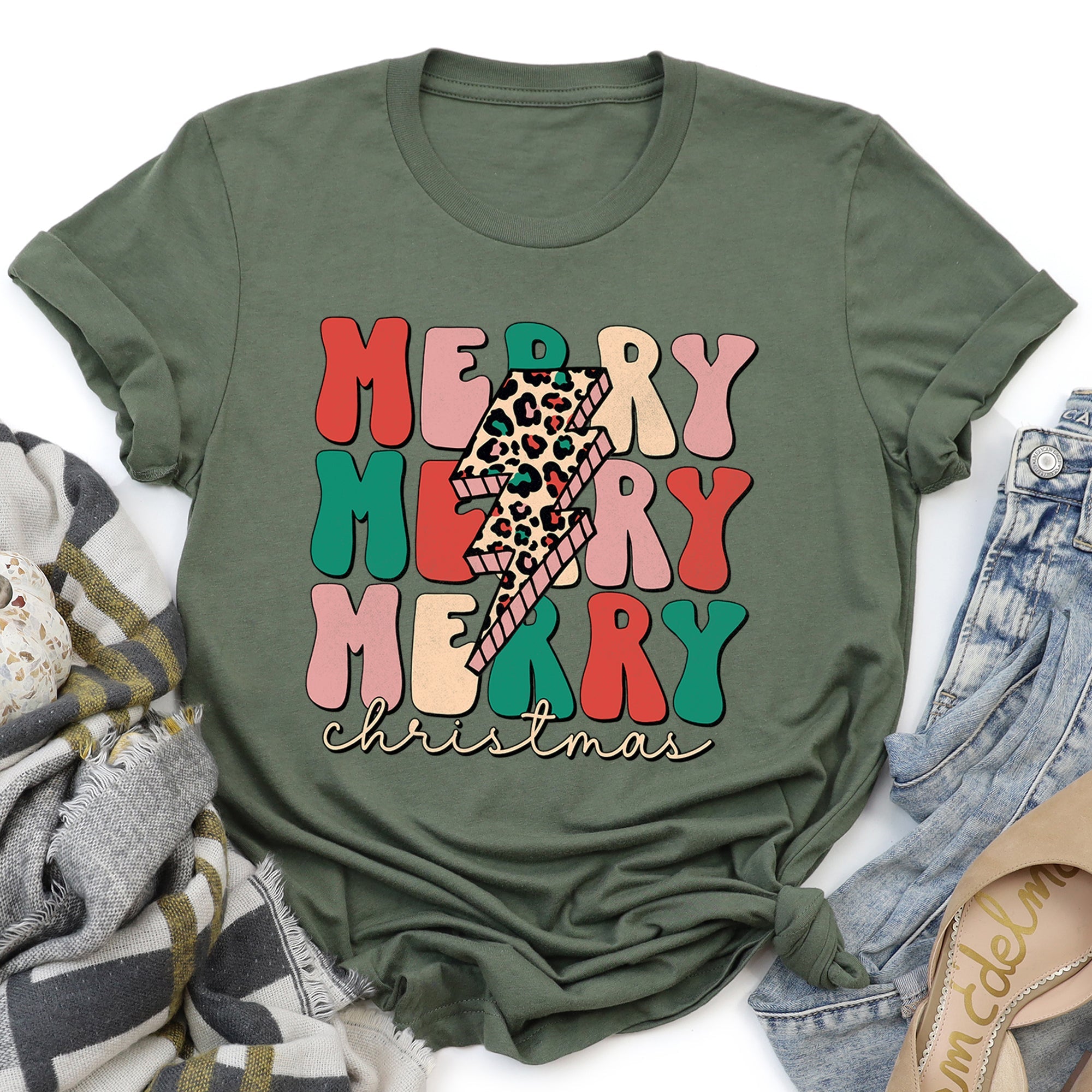 Merry Merry Merry Christmas Retro Leopard Print Super Soft Cozy Festive Holiday Graphic Tee