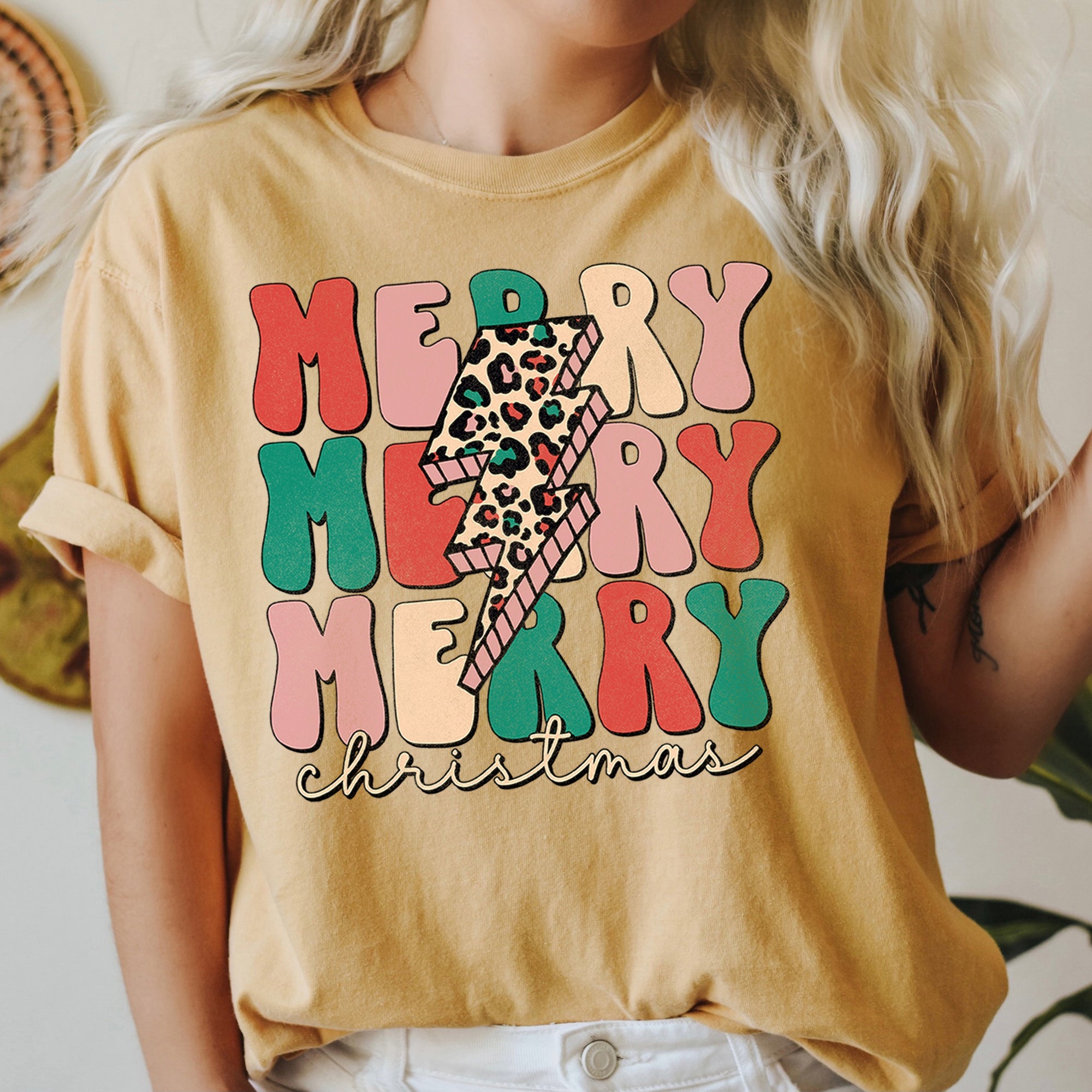 Merry Merry Merry Christmas Retro Leopard Print Vintage Limited Edition Comfort Colors Tee