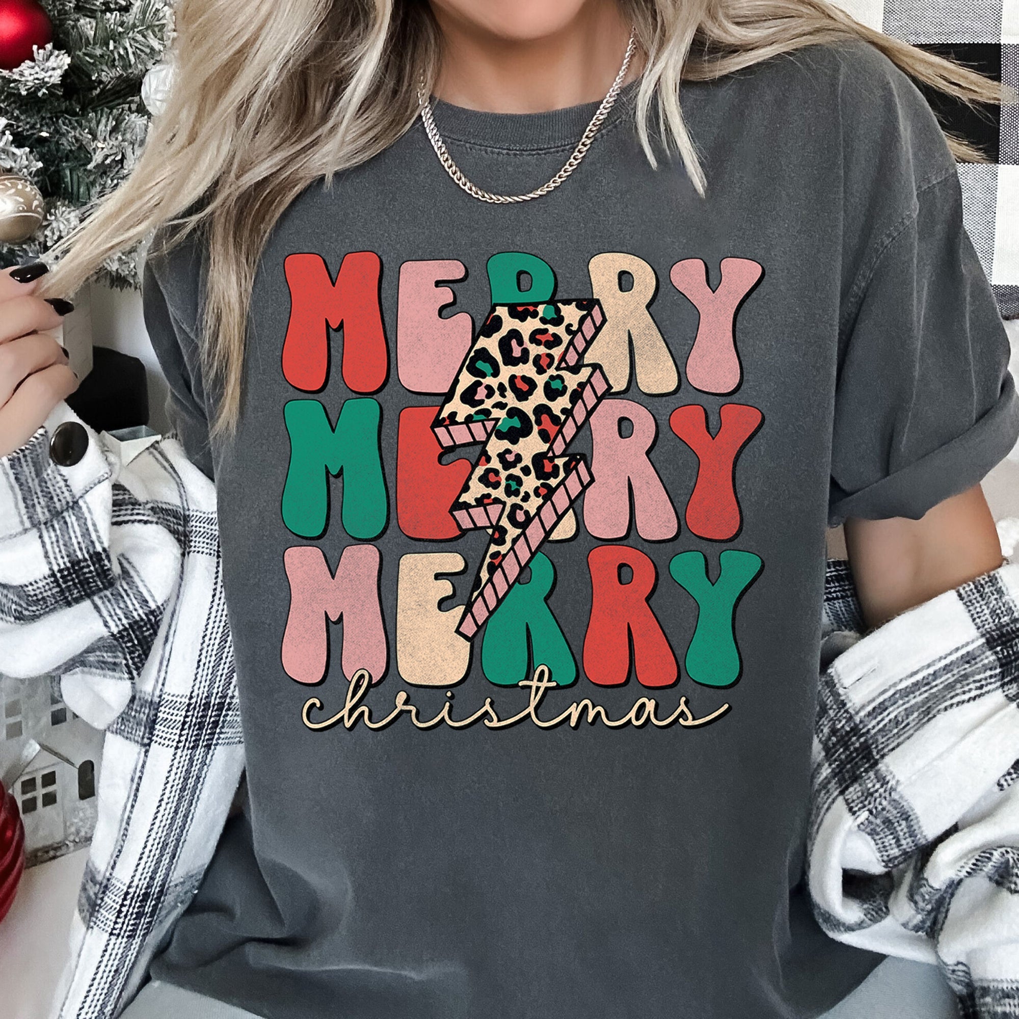 Merry Merry Merry Christmas Retro Leopard Print Vintage Limited Edition Comfort Colors Tee