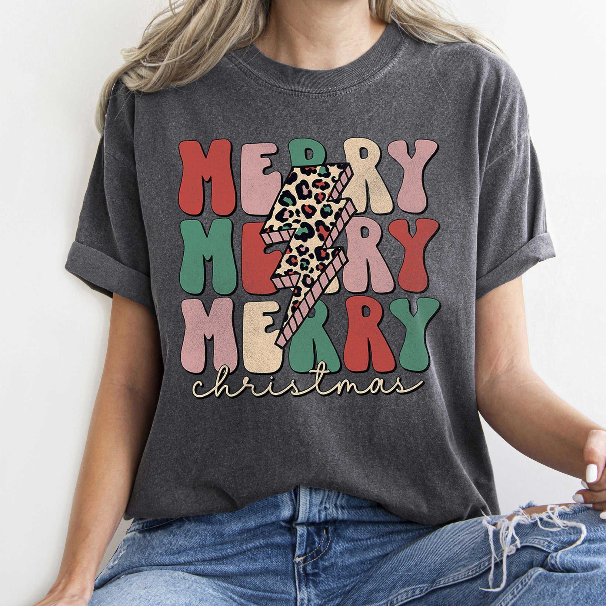 Merry Merry Merry Christmas Retro Leopard Print Vintage Limited Edition Comfort Colors Tee