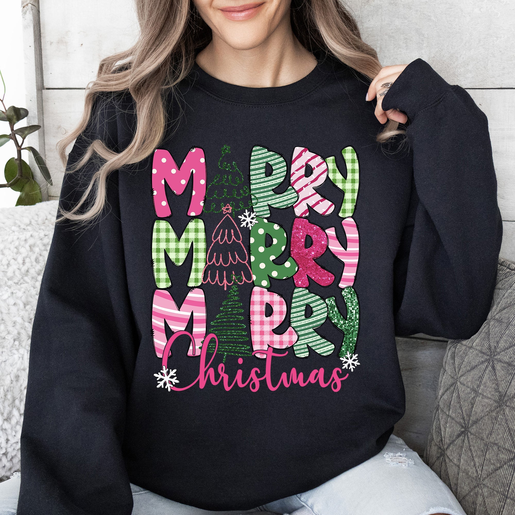 Merry Merry Merry Christmas Santa Xmas Colorful Patterns Holiday Cheer Sweatshirt