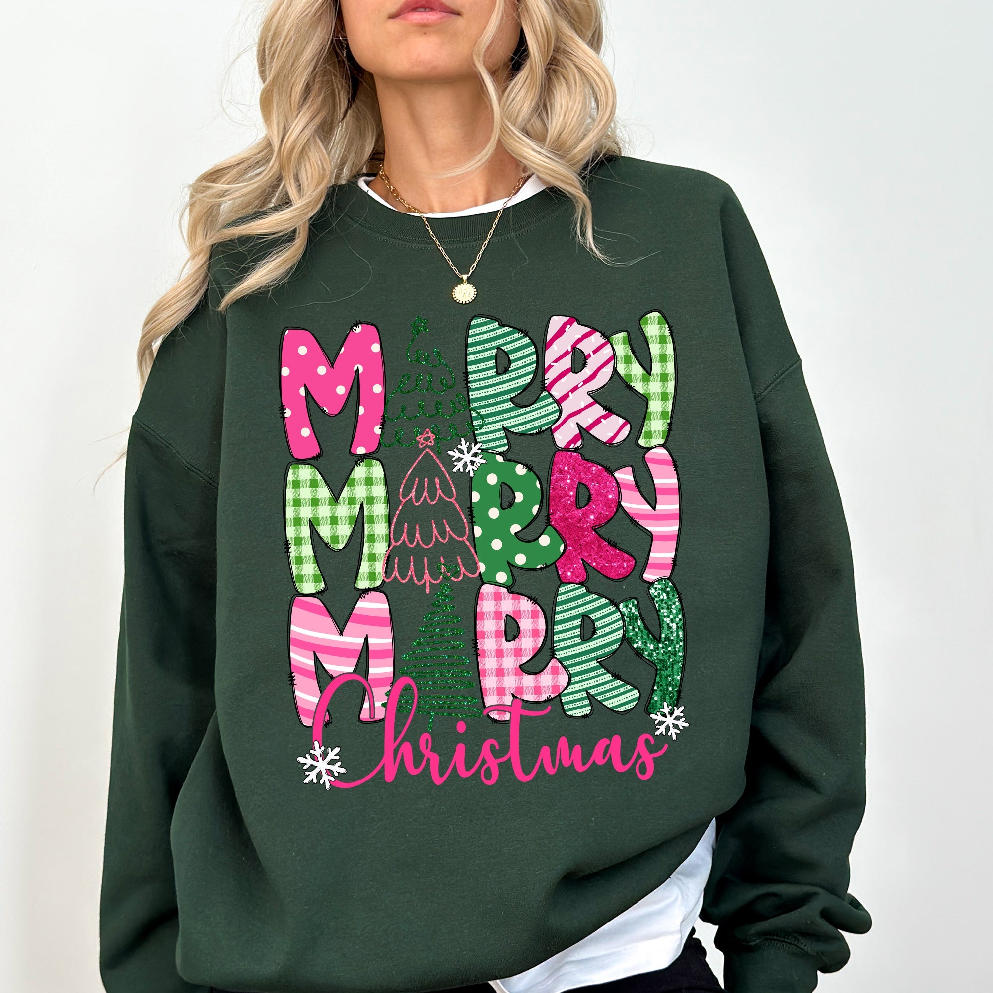Merry Merry Merry Christmas Santa Xmas Colorful Patterns Holiday Cheer Sweatshirt