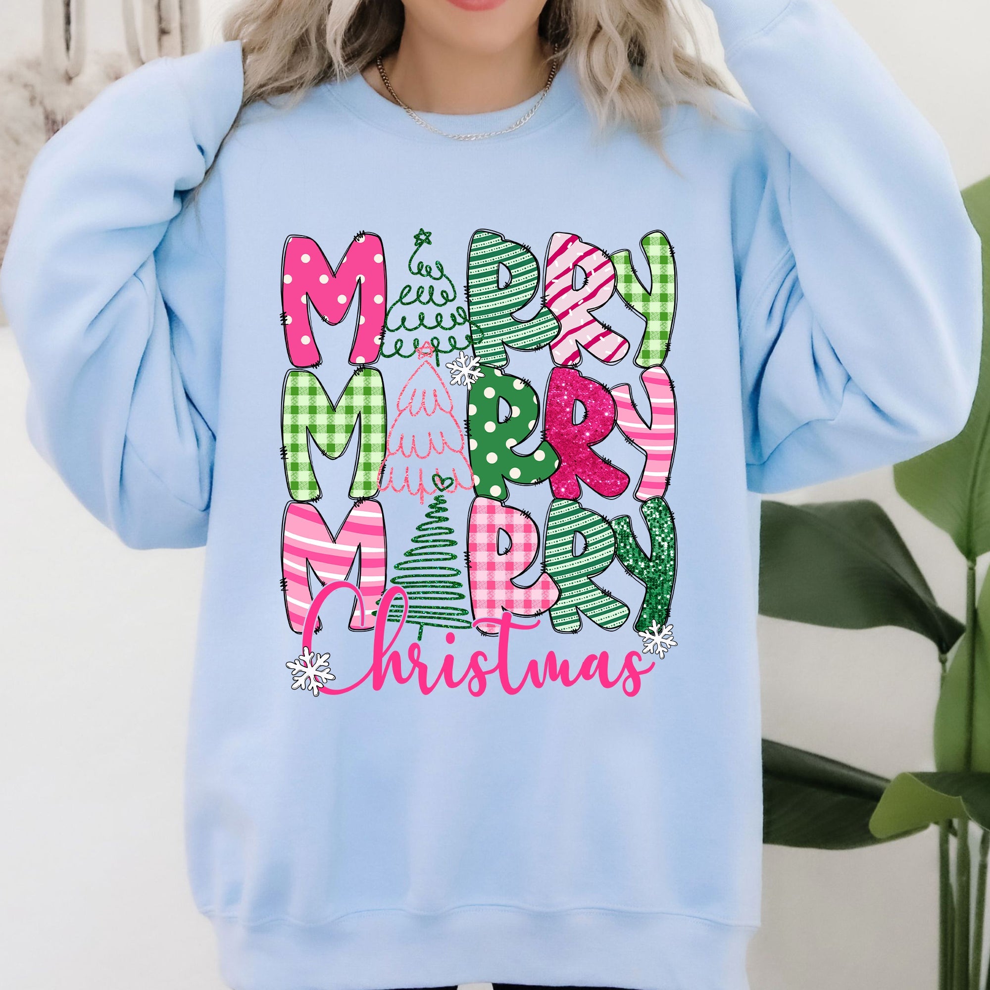 Merry Merry Merry Christmas Santa Xmas Colorful Patterns Holiday Cheer Sweatshirt