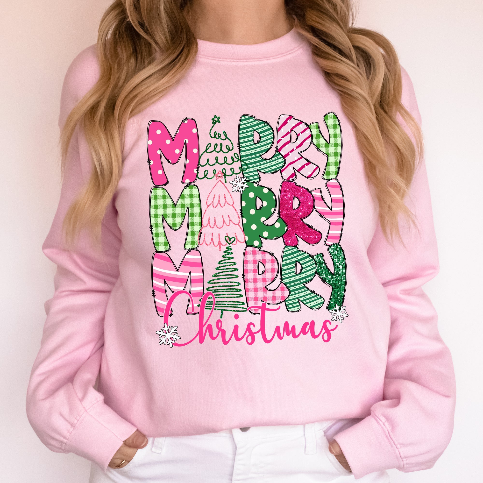 Merry Merry Merry Christmas Santa Xmas Colorful Patterns Holiday Cheer Sweatshirt