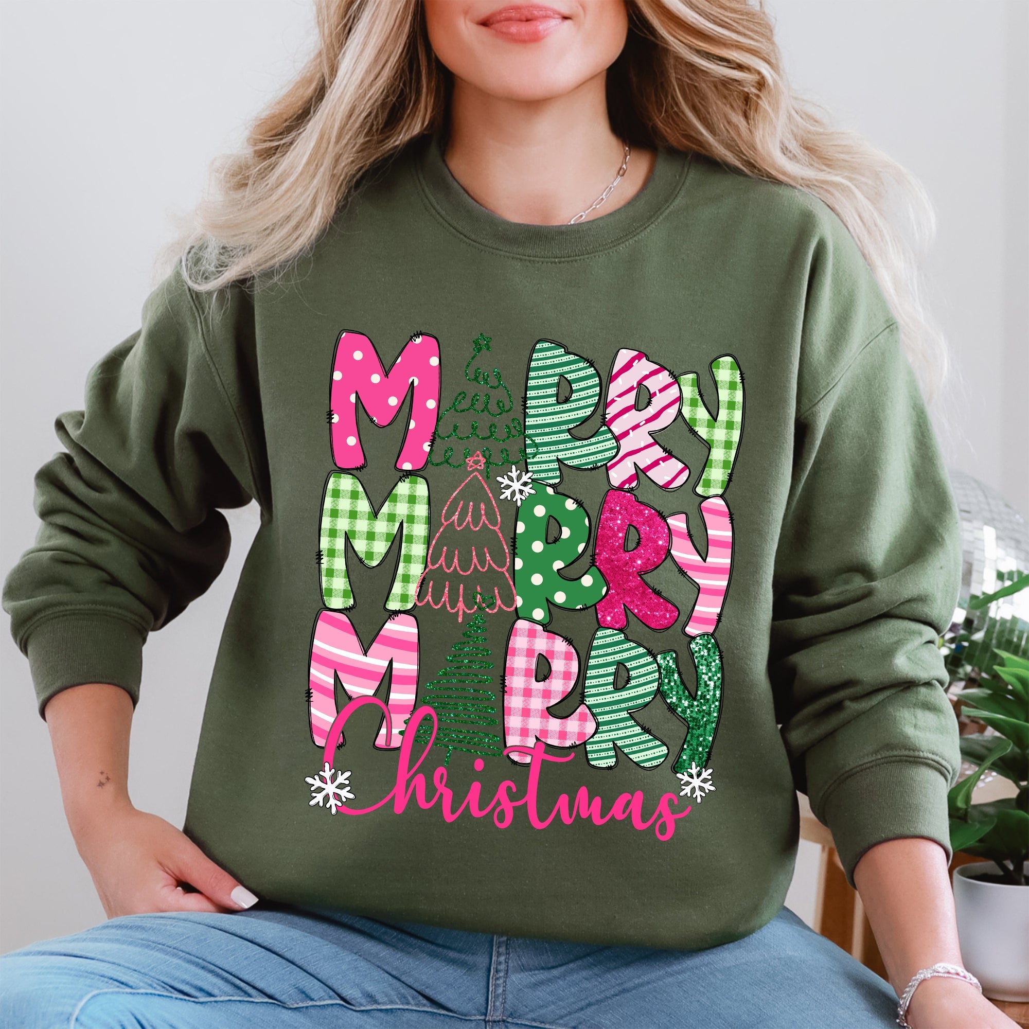 Merry Merry Merry Christmas Santa Xmas Colorful Patterns Holiday Cheer Sweatshirt