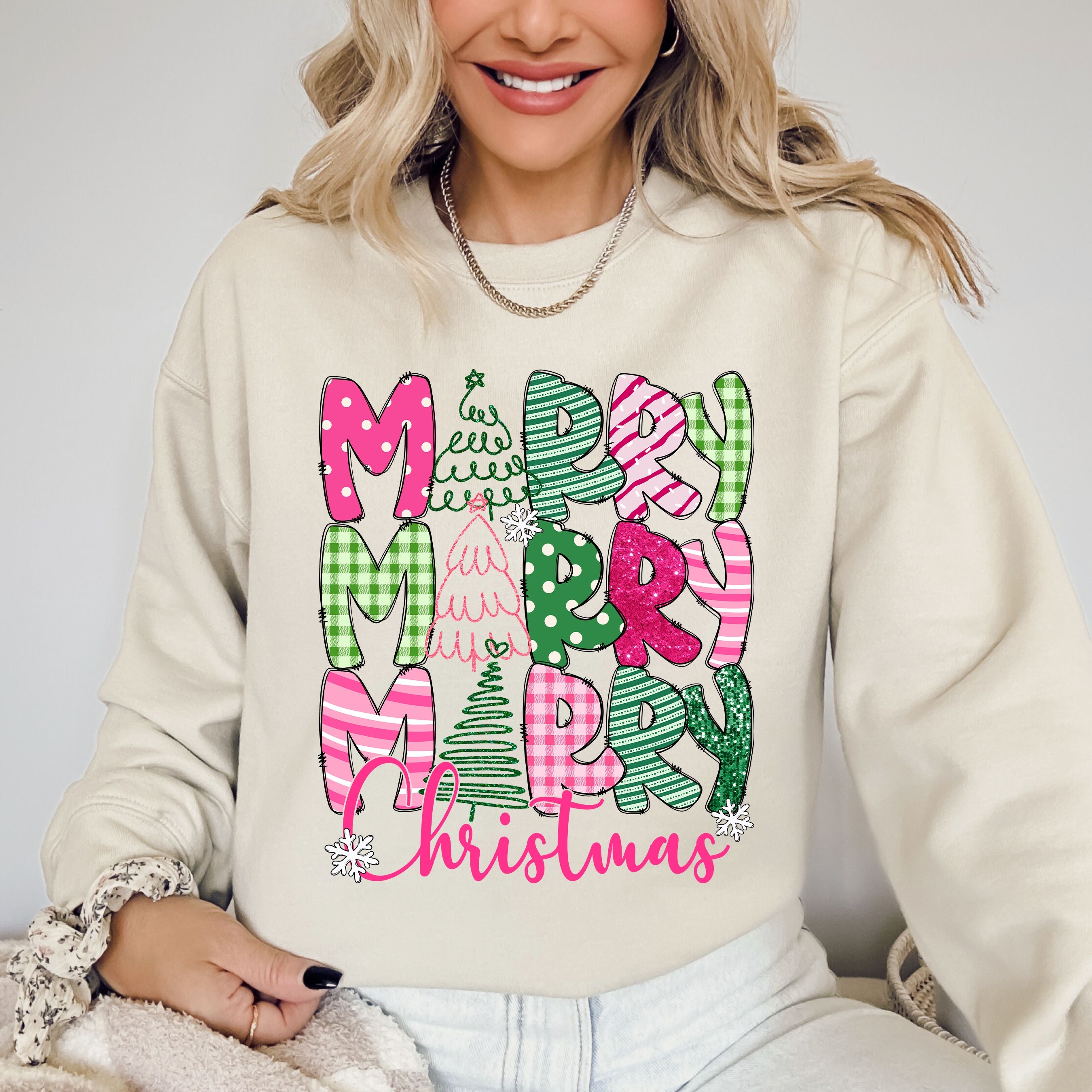 Merry Merry Merry Christmas Santa Xmas Colorful Patterns Holiday Cheer Sweatshirt