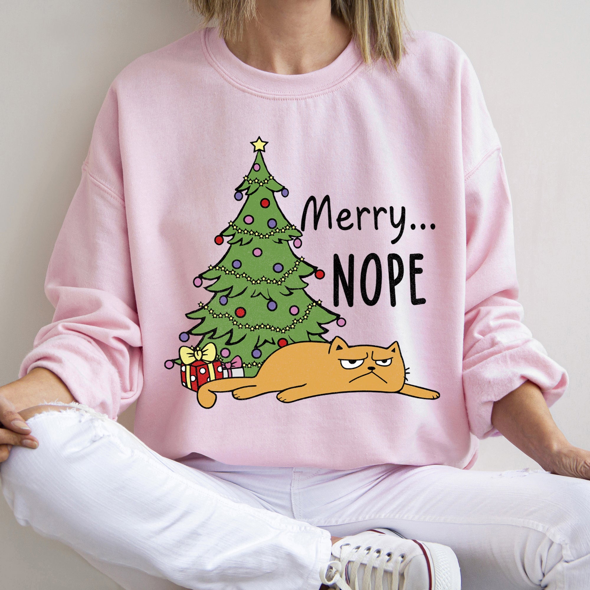 Merry Nope Cat Christmas Cozy Fleece Lined Holiday Humor Graphic Cat Lover Sweatshirt