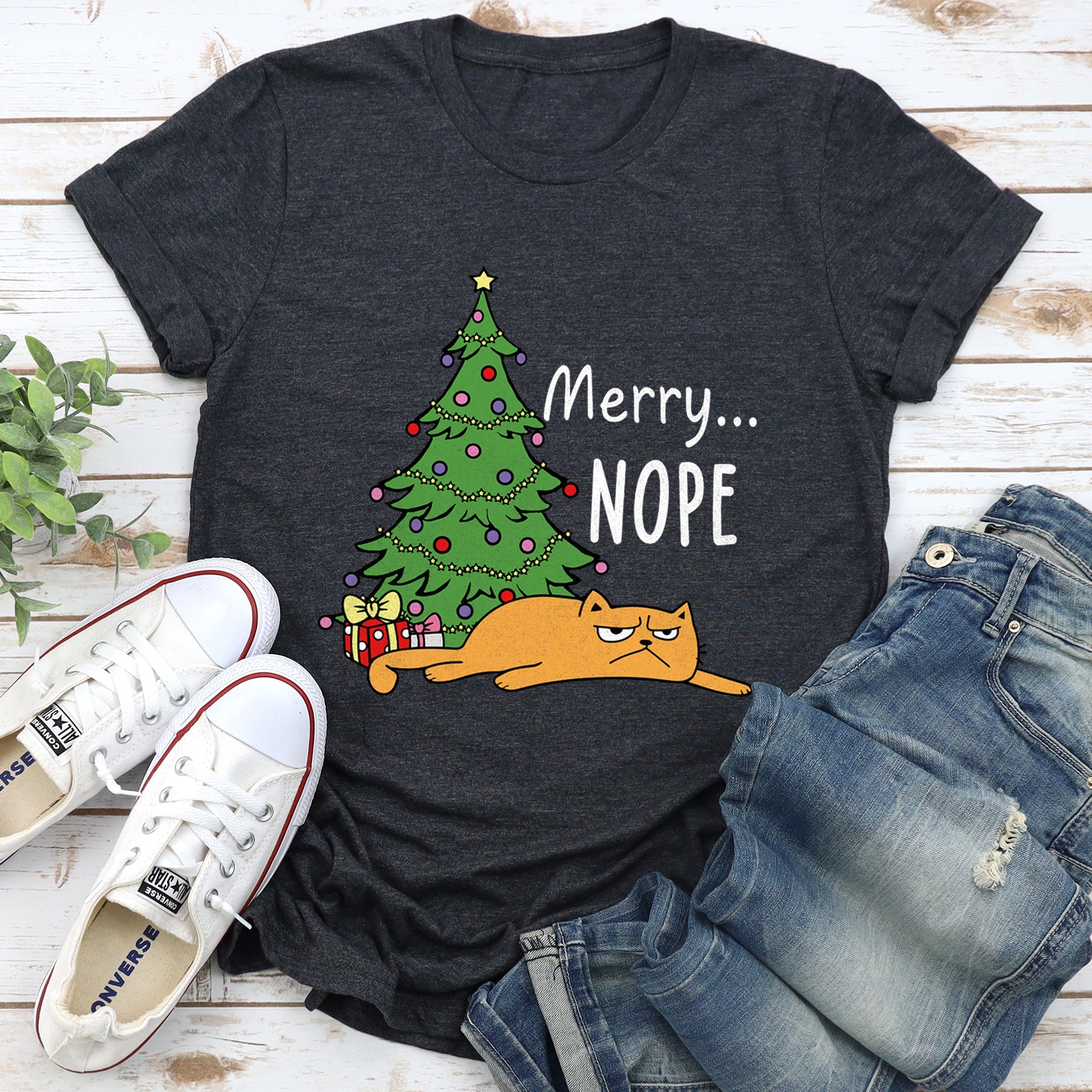 Merry Nope Funny Cat Christmas Holiday Humor Snarky Kitty Greeting Card Scene Graphic Tee