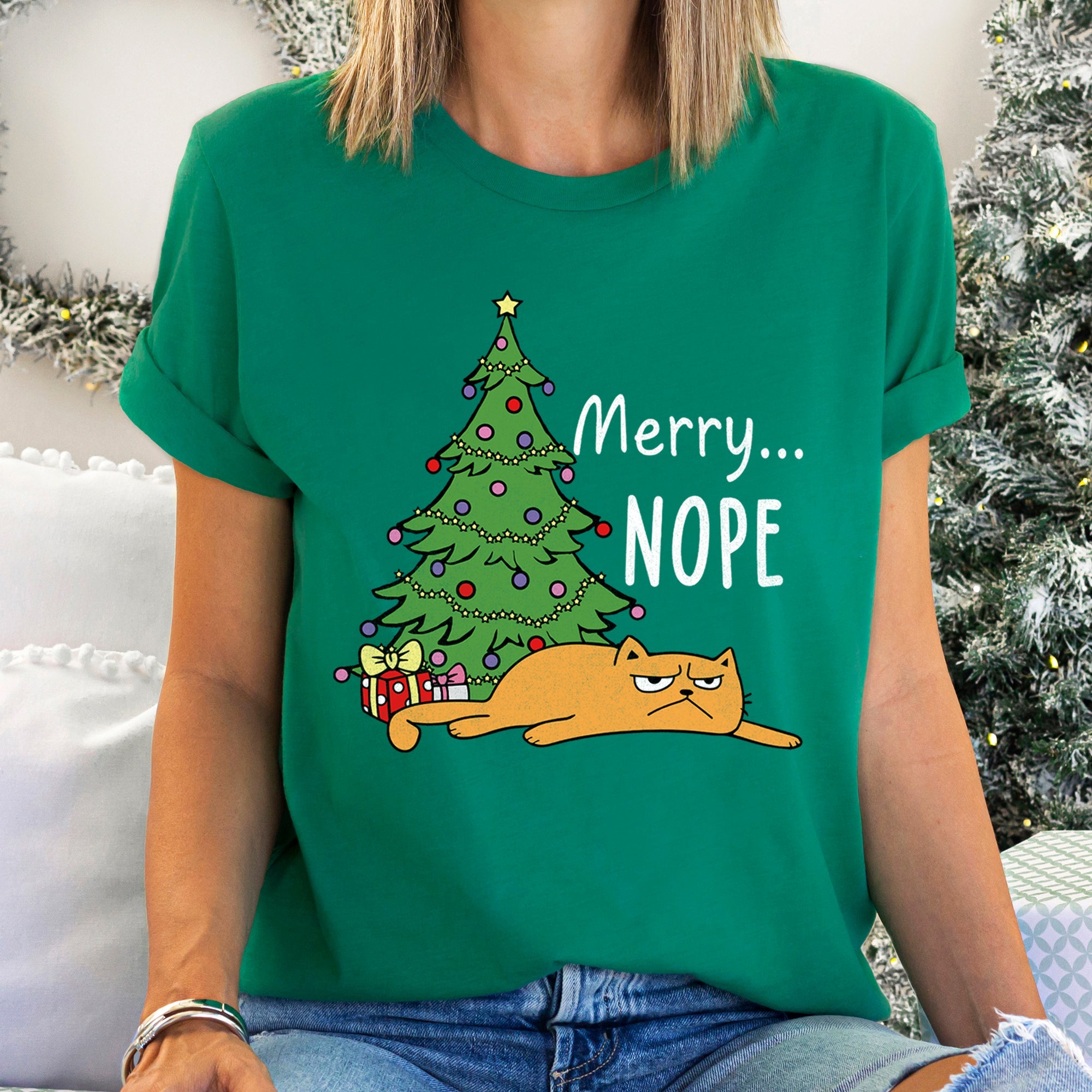 Merry Nope Funny Cat Christmas Holiday Humor Snarky Kitty Greeting Card Scene Graphic Tee