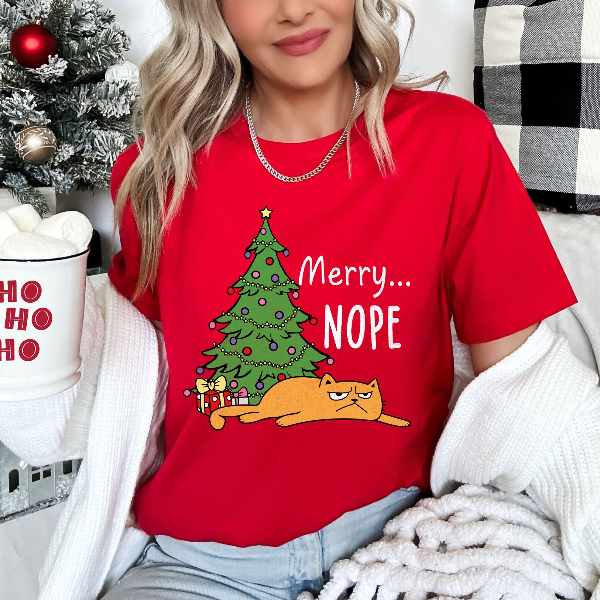 Merry Nope Funny Cat Christmas Holiday Humor Snarky Kitty Greeting Card Scene Graphic Tee