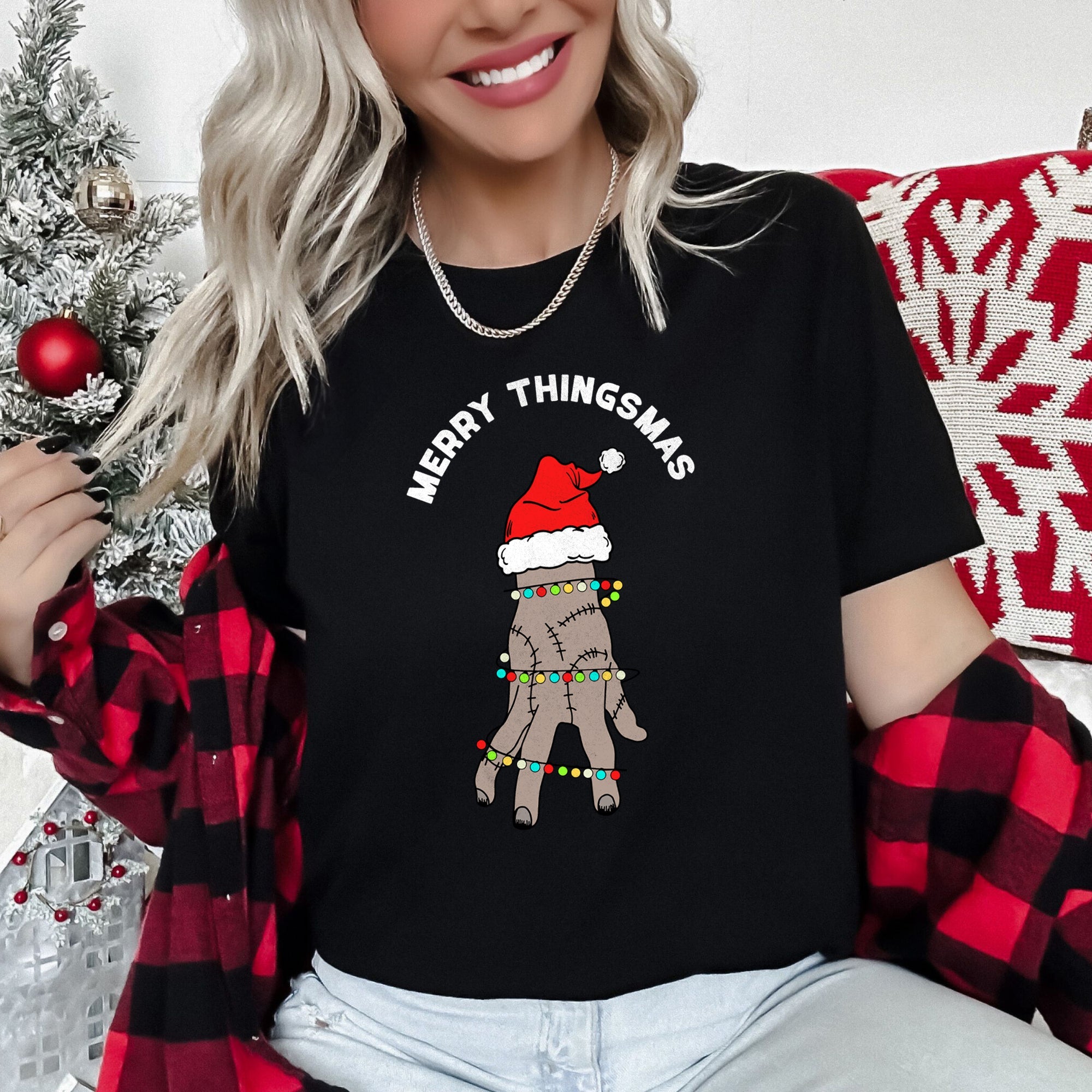 Merry Thingsmas Christmas Wednesday Spooky Zombie Mashup Holiday Theme Graphic Tee